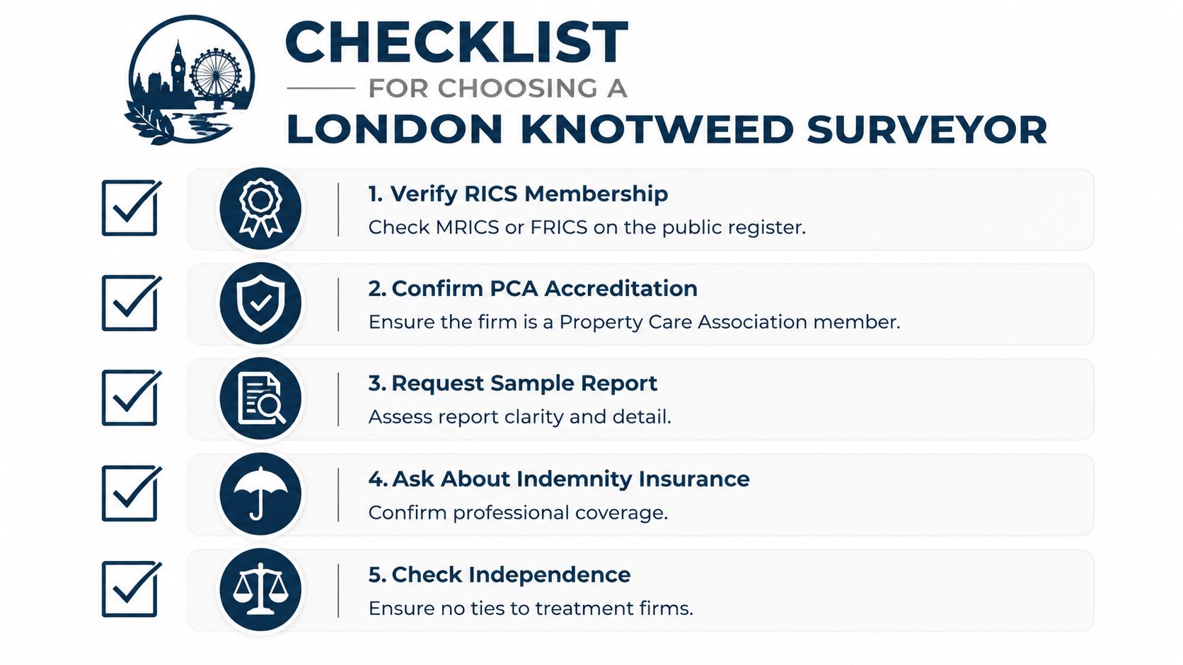A checklist infographic providing five essential steps for selecting a professional London Japanese knotweed surveyor.