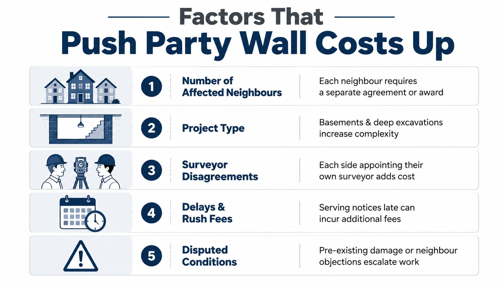 An infographic showing five key factors that contribute to higher party wall agreement costs for building projects.