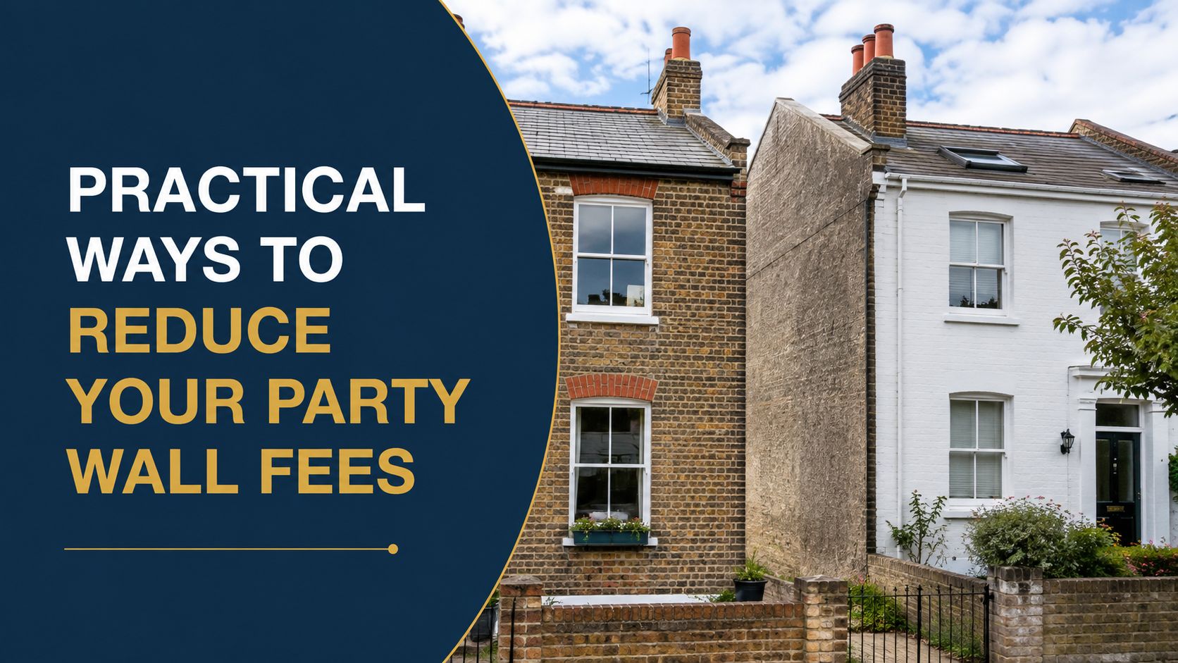 A graphic featuring text on reducing party wall fees beside a view of two terraced brick houses.