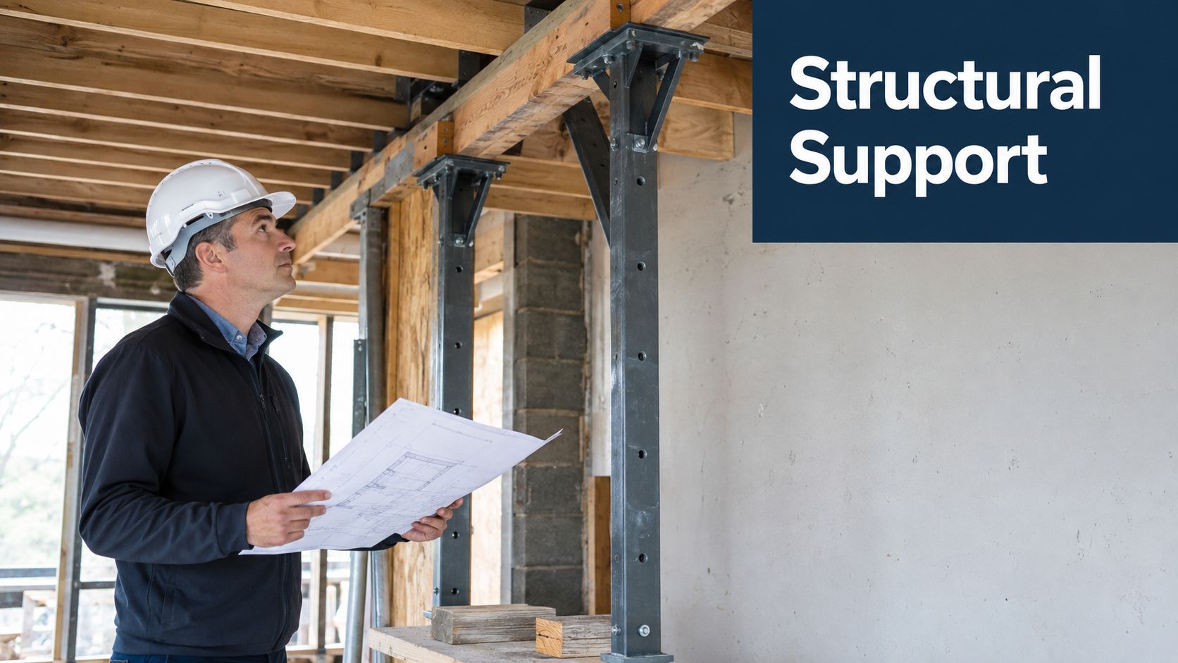 A professional construction engineer reviewing building blueprints while inspecting steel support beams in an unfinished building structure.