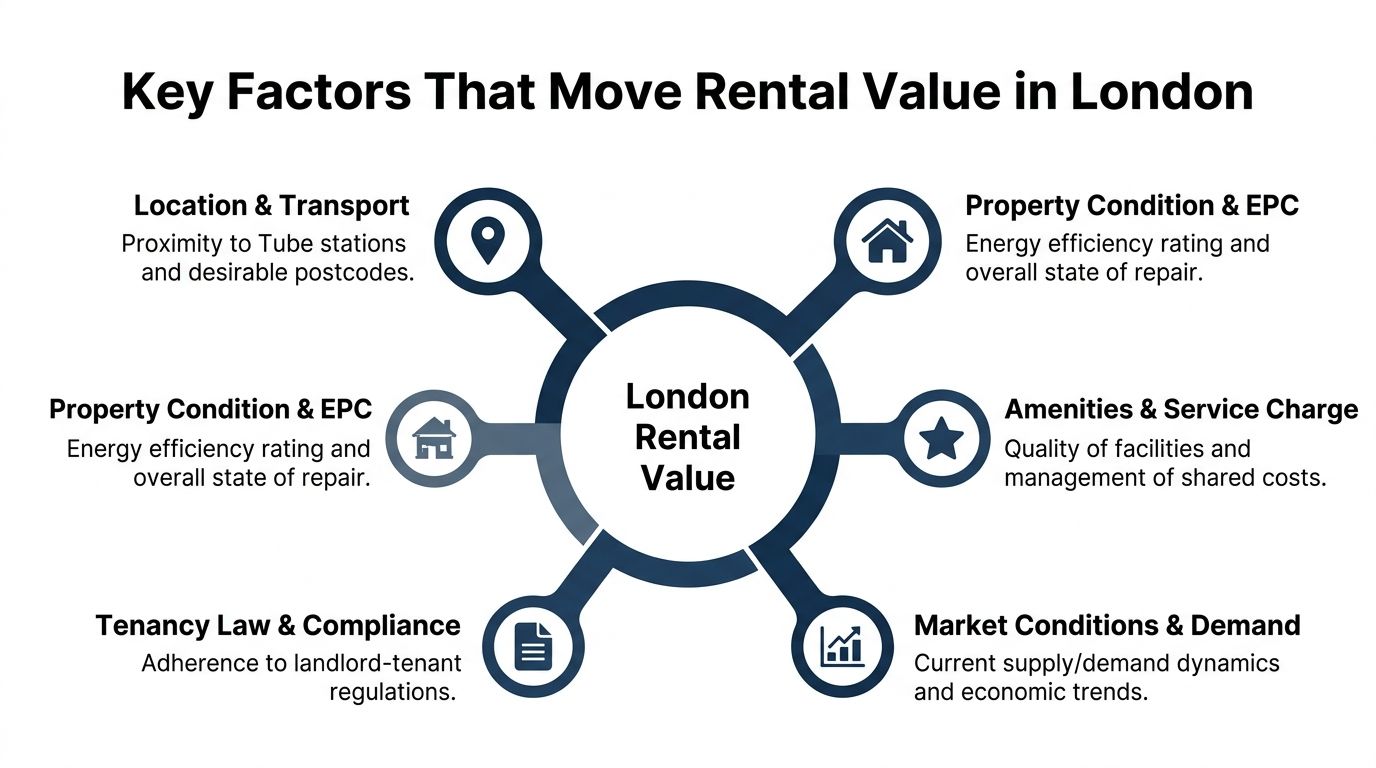 A diagram illustrating six key factors influencing rental property valuation in the London housing market.
