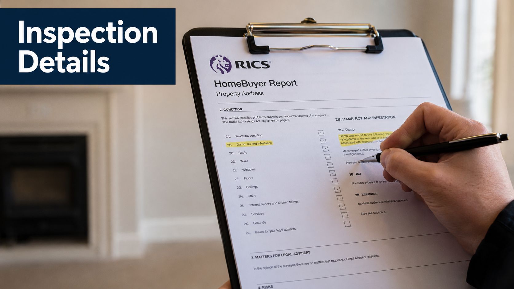 A surveyor holds a RICS HomeBuyer report clipboard while checking off items during a property inspection.