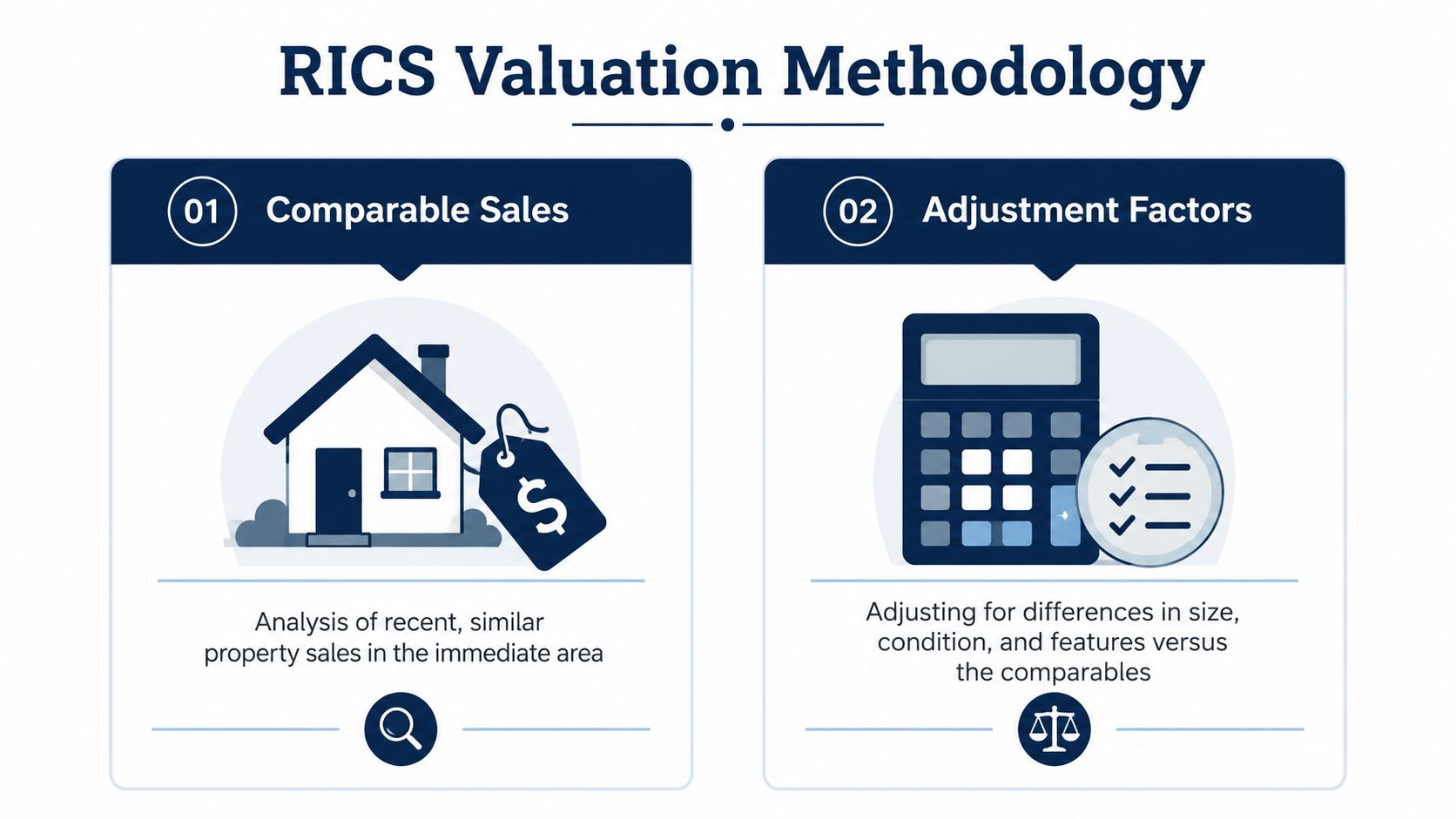 An infographic showing the RICS valuation methodology involving comparable sales and adjustment factors for property.