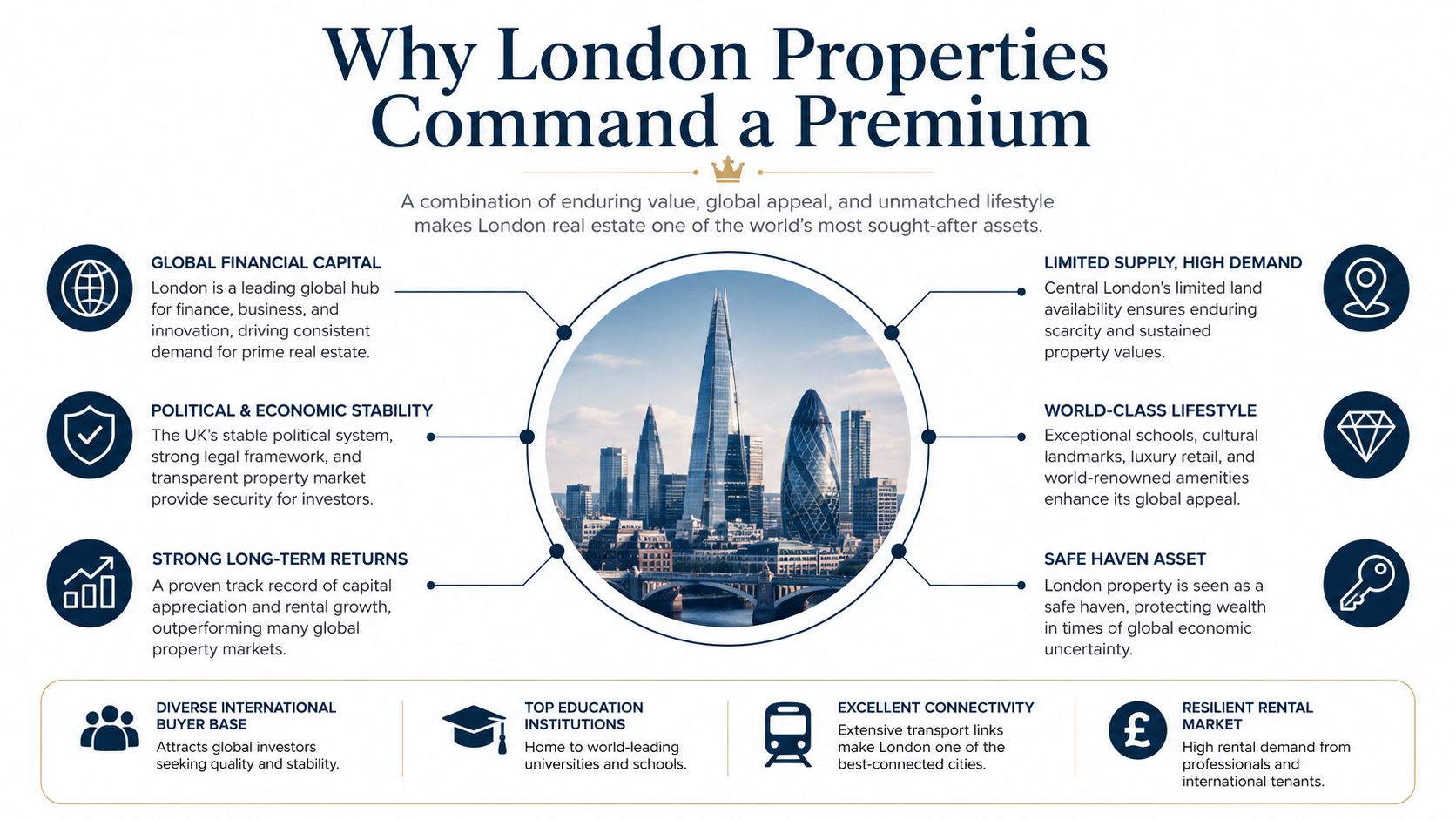 An infographic titled Why London Properties Command a Premium explaining key factors for the city's real estate value.