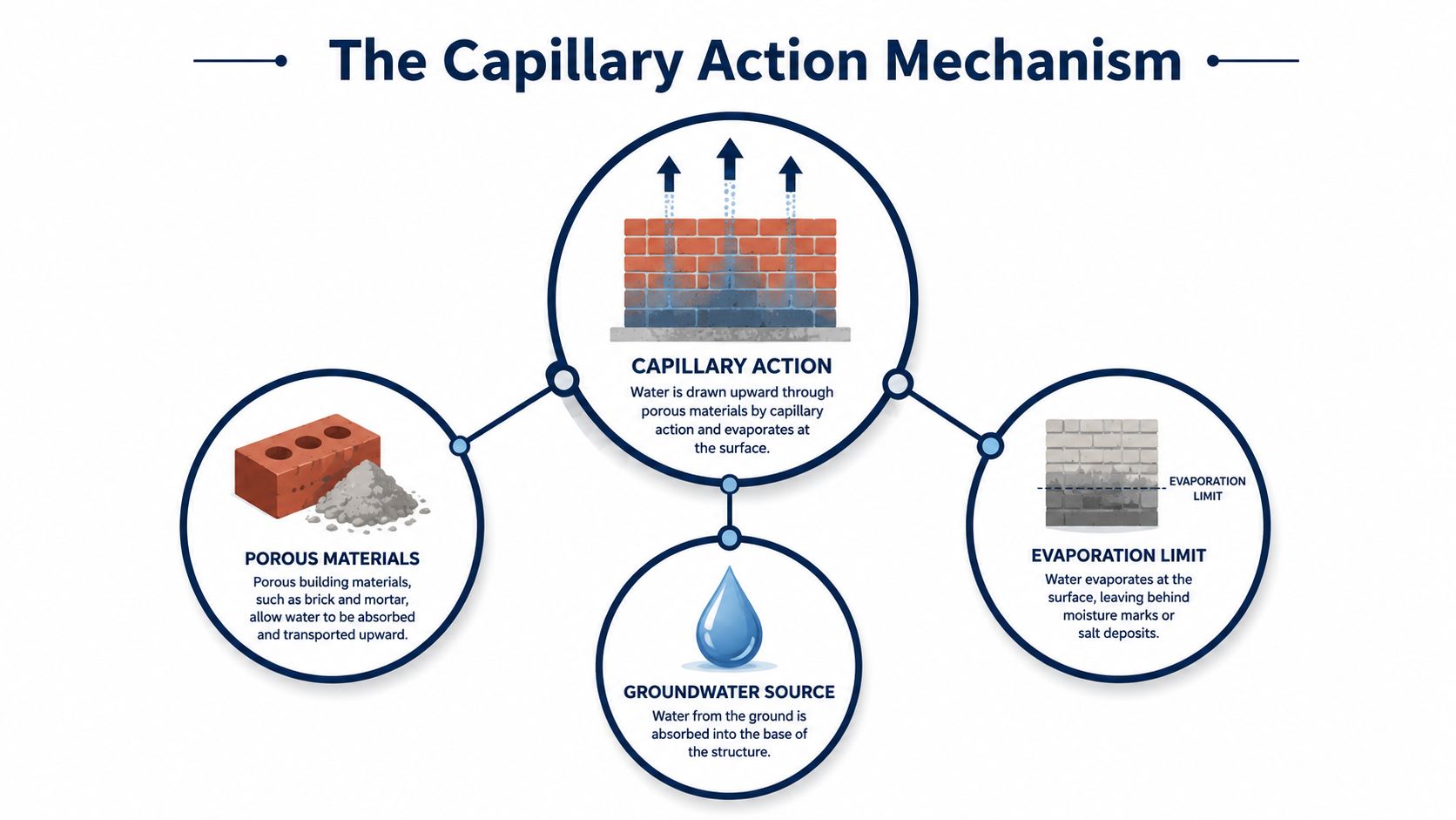 A diagram illustrating the capillary action mechanism in building materials showing how groundwater causes rising damp issues.