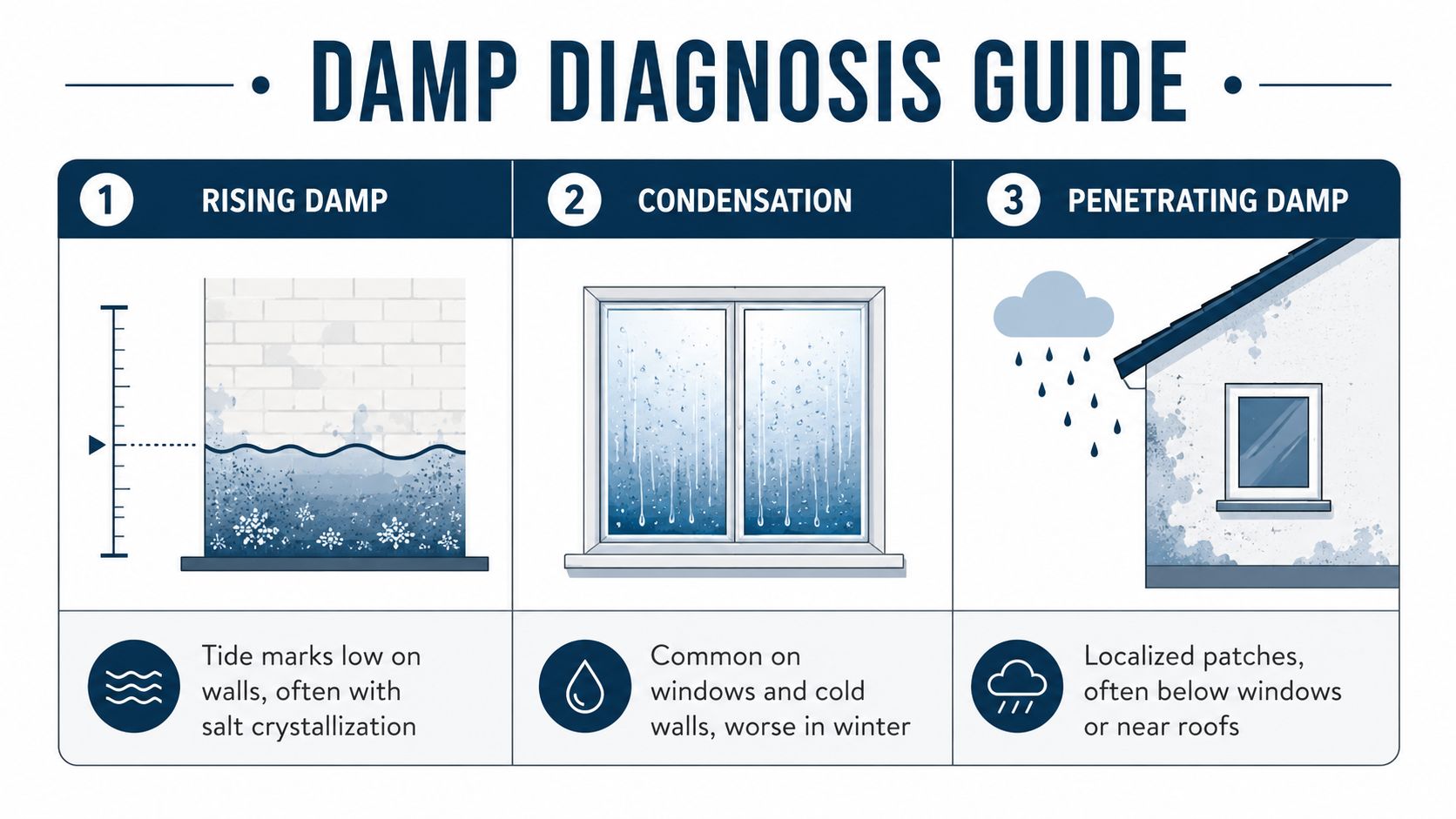 A diagnostic guide illustrating three common types of home dampness: rising damp, condensation, and penetrating damp.