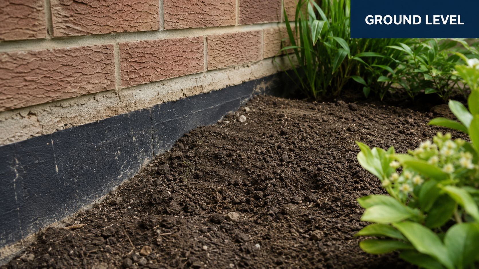 Close up of a brick wall base with a black waterproof layer showing ground dampness issues.