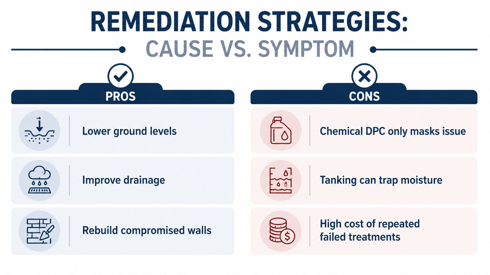 A comparison chart showing remediation strategies for damp, highlighting pros of addressing causes versus cons of treating symptoms.