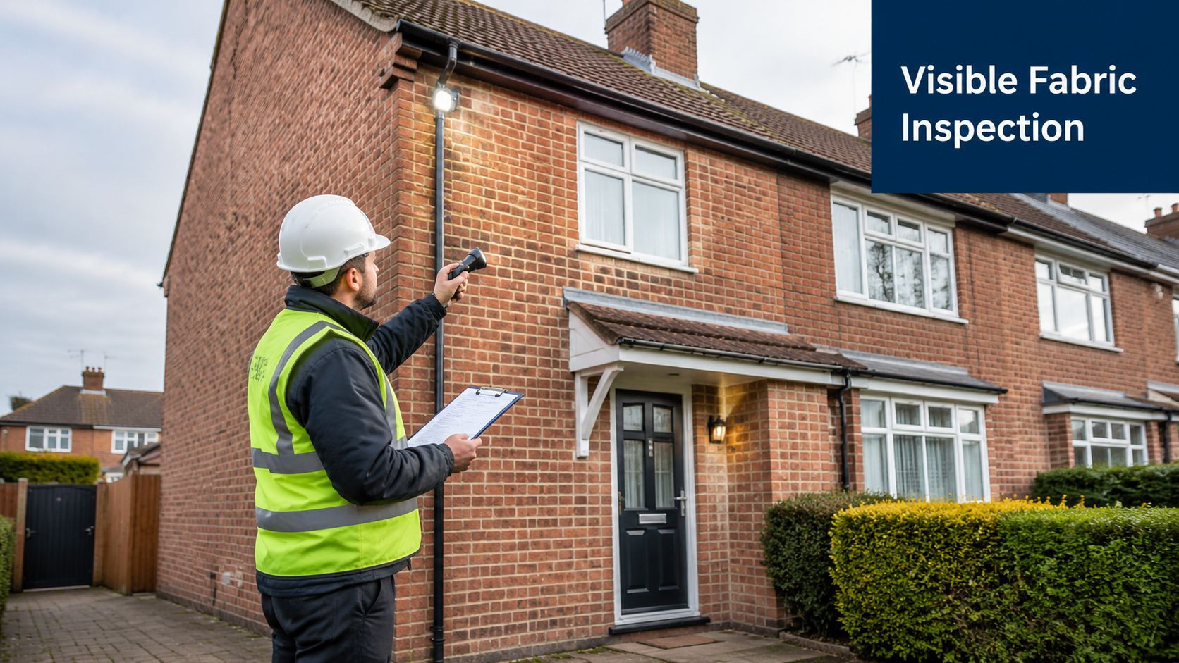 A professional building inspector wearing a hard hat and high visibility vest inspecting a brick house.