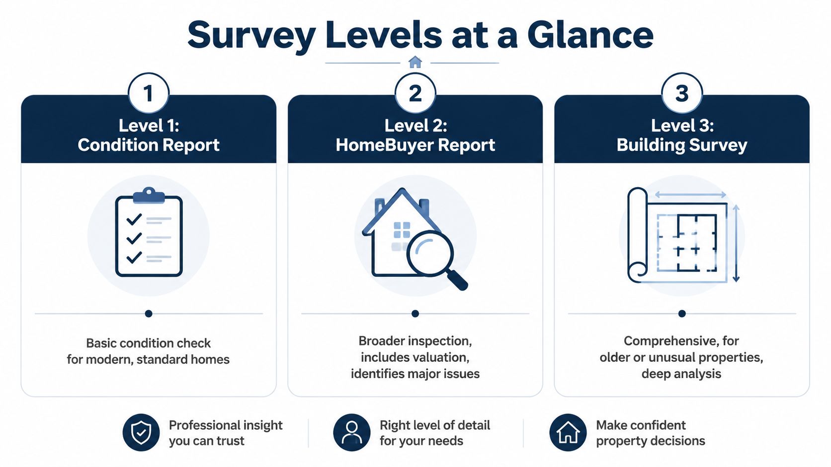 An infographic illustrating three survey levels for property inspections: condition report, homebuyer report, and building survey.