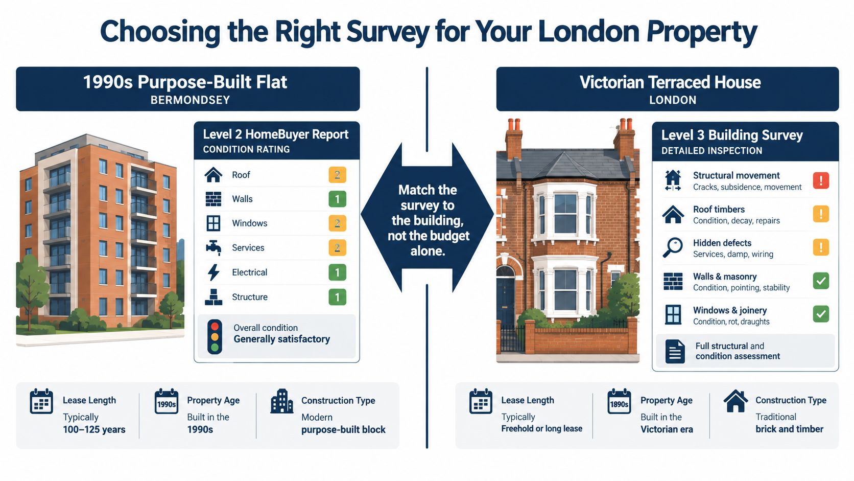 An infographic comparing Level 2 and Level 3 building surveys for London residential properties, including flats and houses.