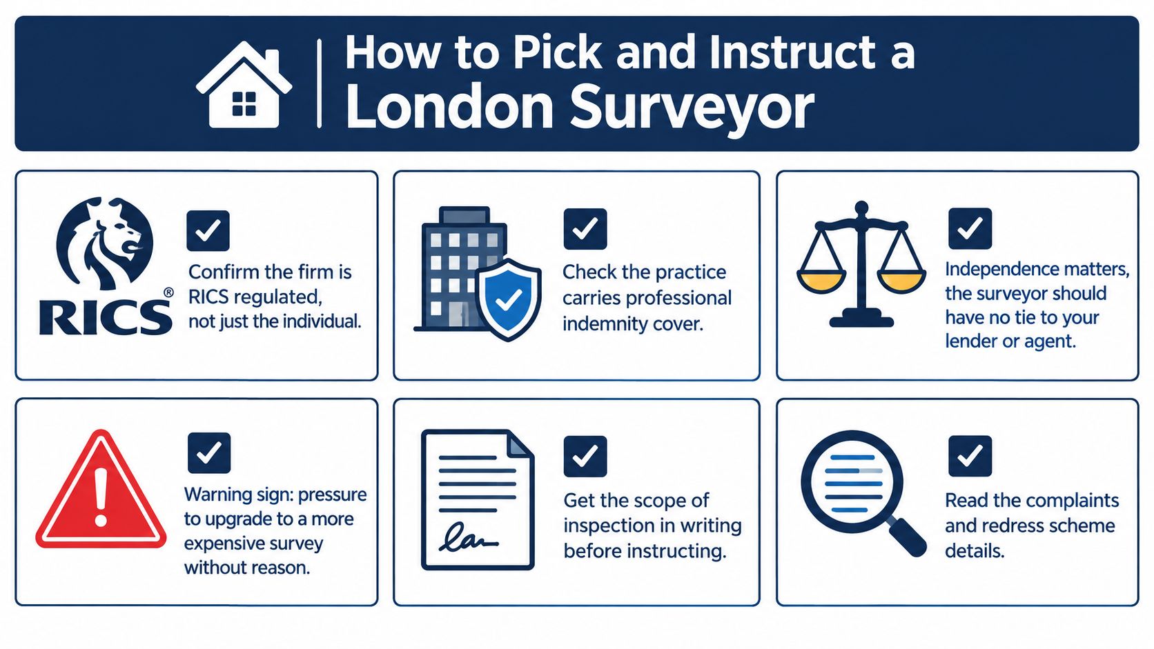 An infographic titled How to Pick and Instruct a London Surveyor, displaying six essential tips for choosing professional property surveyors.