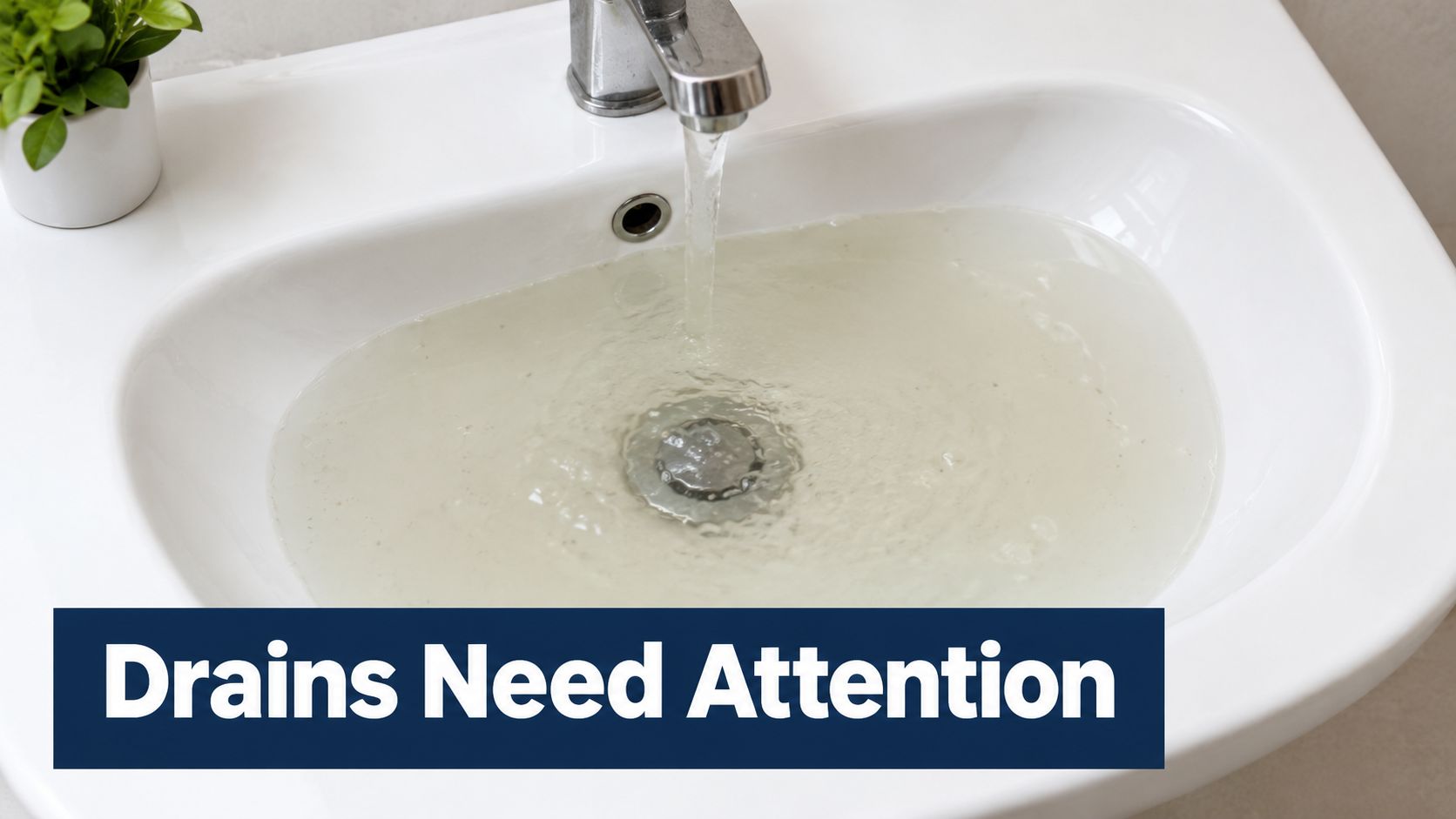 A close-up view of a bathroom sink with cloudy water pooling around the drain.