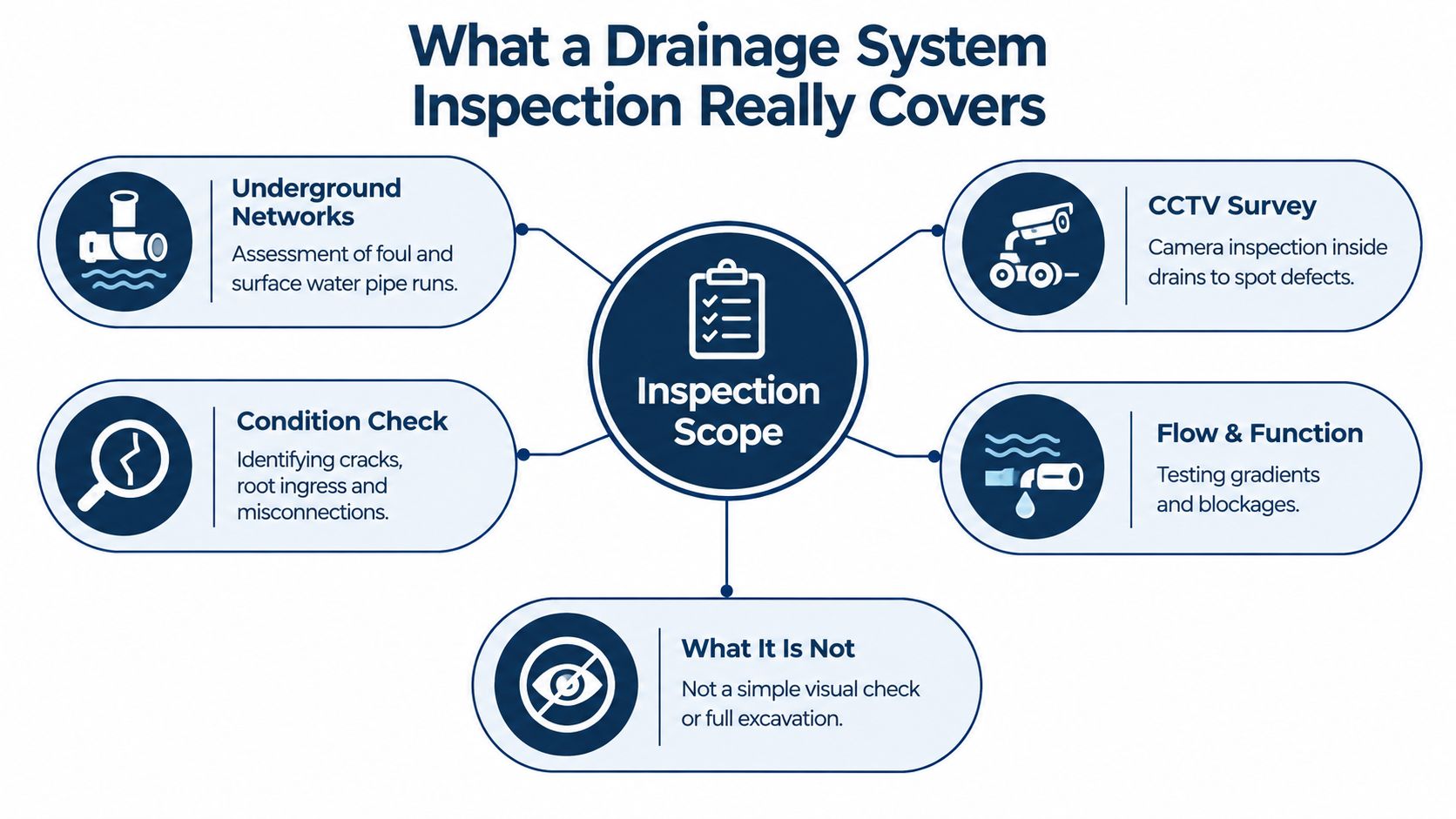 An infographic detailing the comprehensive components included in a professional drainage system inspection and its scope.