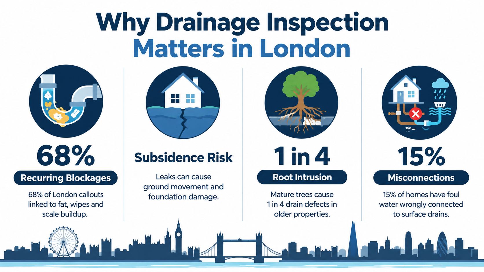 An infographic showing four common reasons why professional drainage system inspection is essential for homes in London.