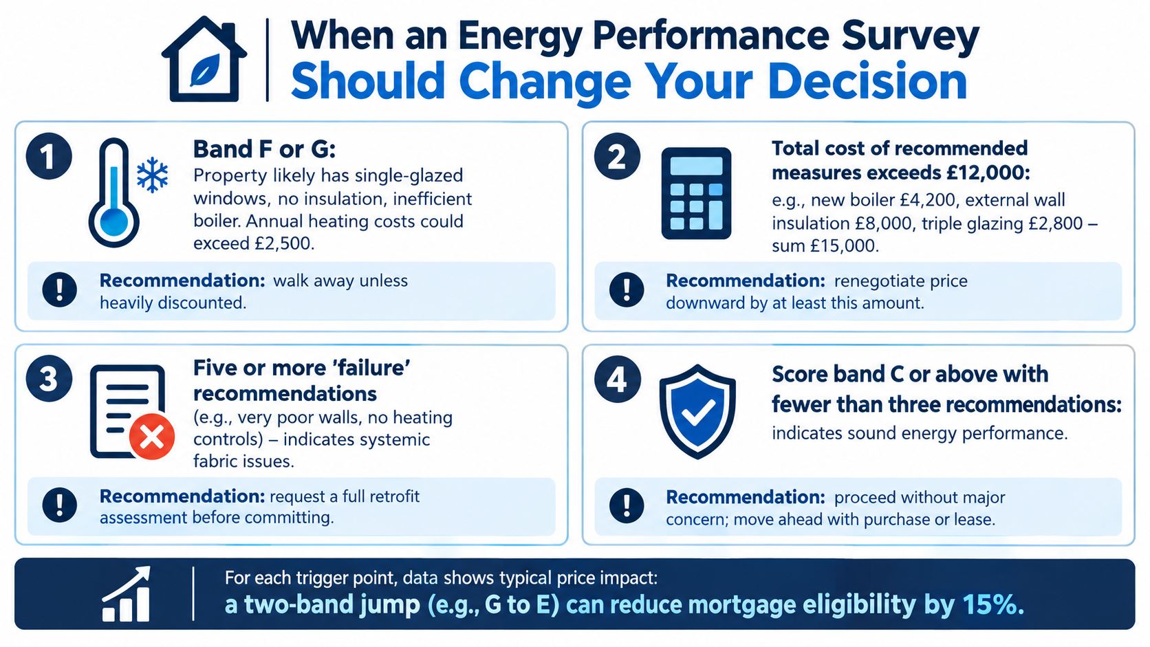 An infographic detailing four key scenarios when an energy performance survey should influence property purchase decisions.