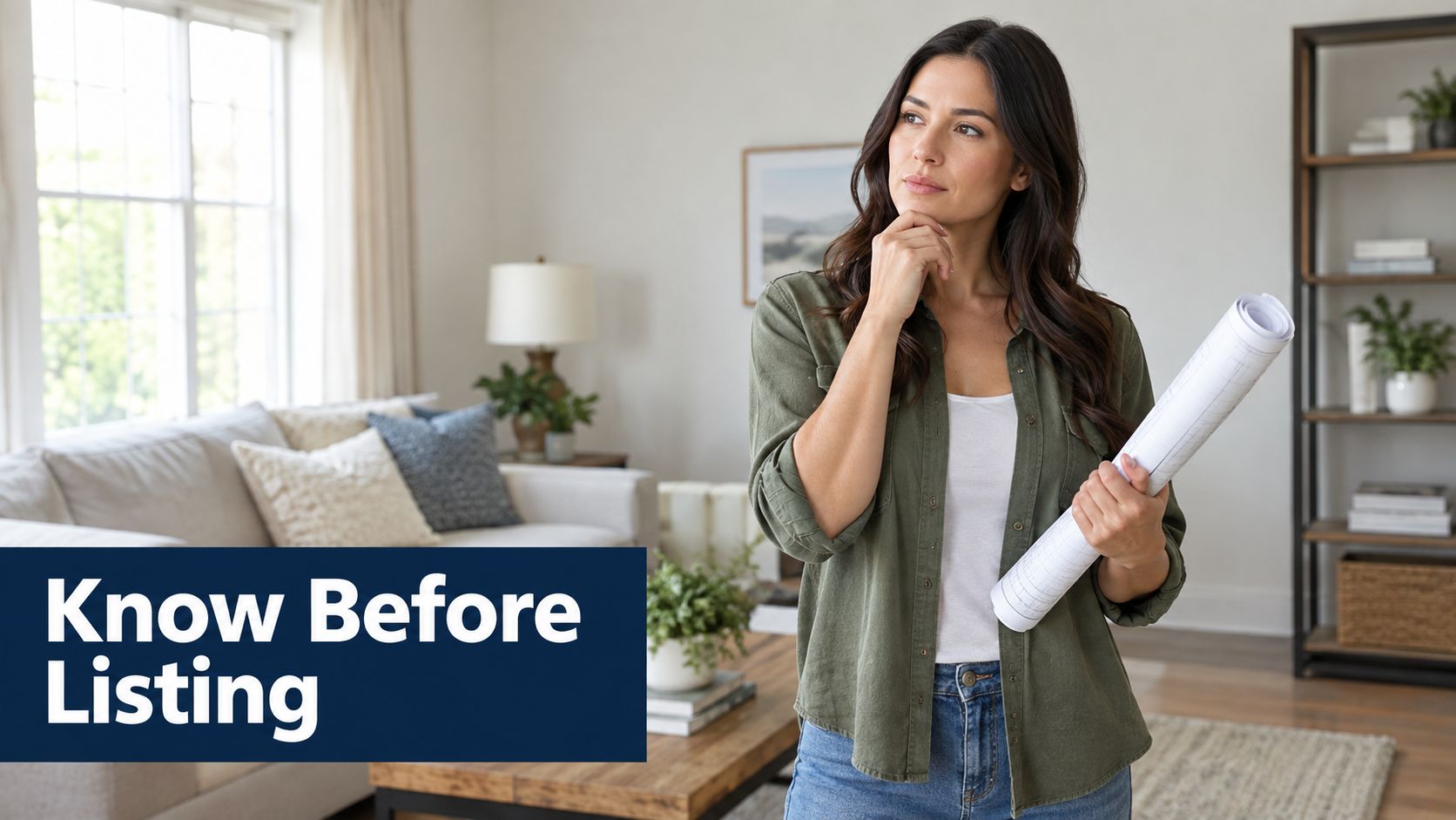 A pensive woman holding house blueprints while standing in a bright and well-decorated living room.