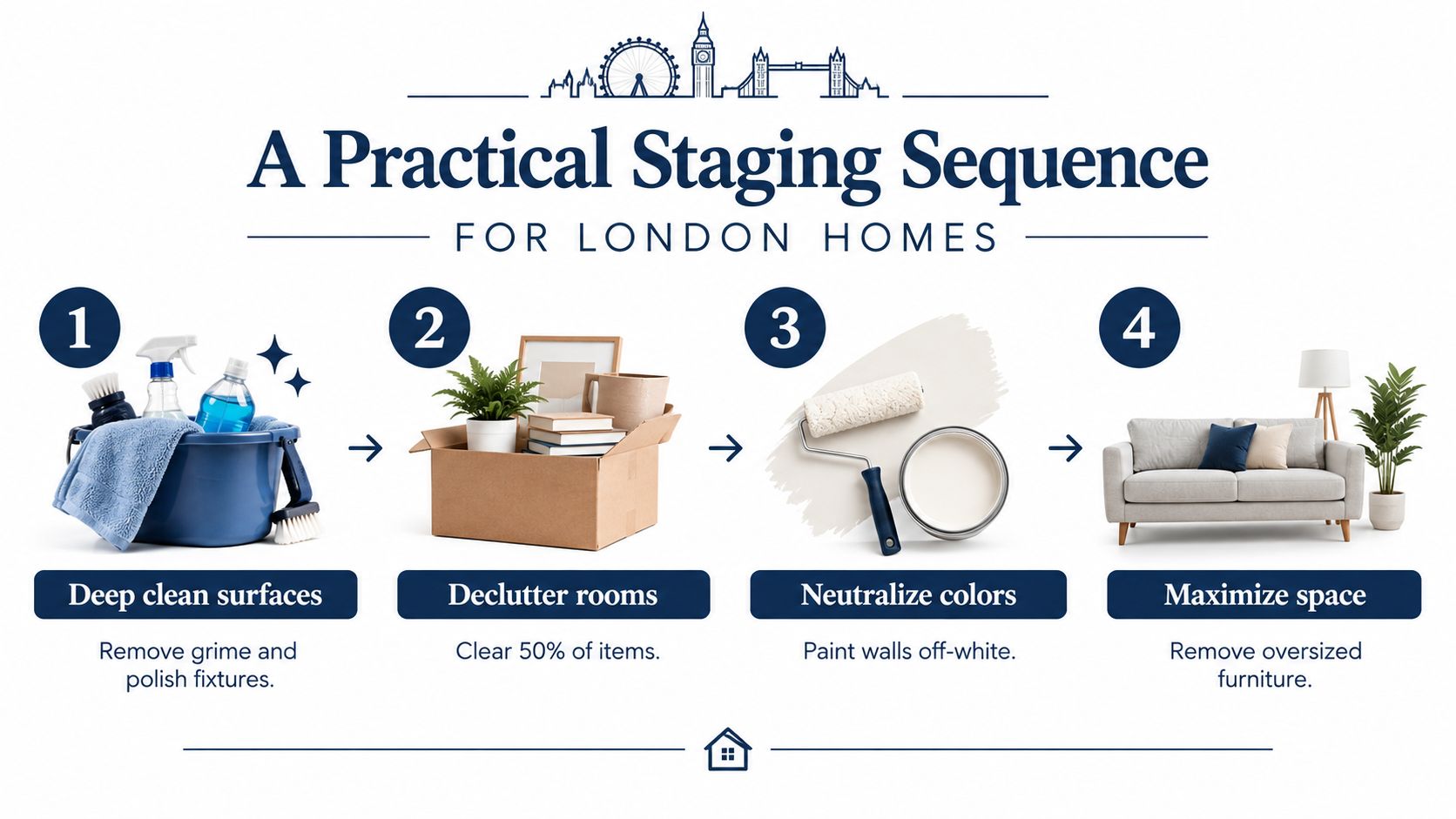 An infographic showing a four-step sequence for staging a London home to prepare it for sale.