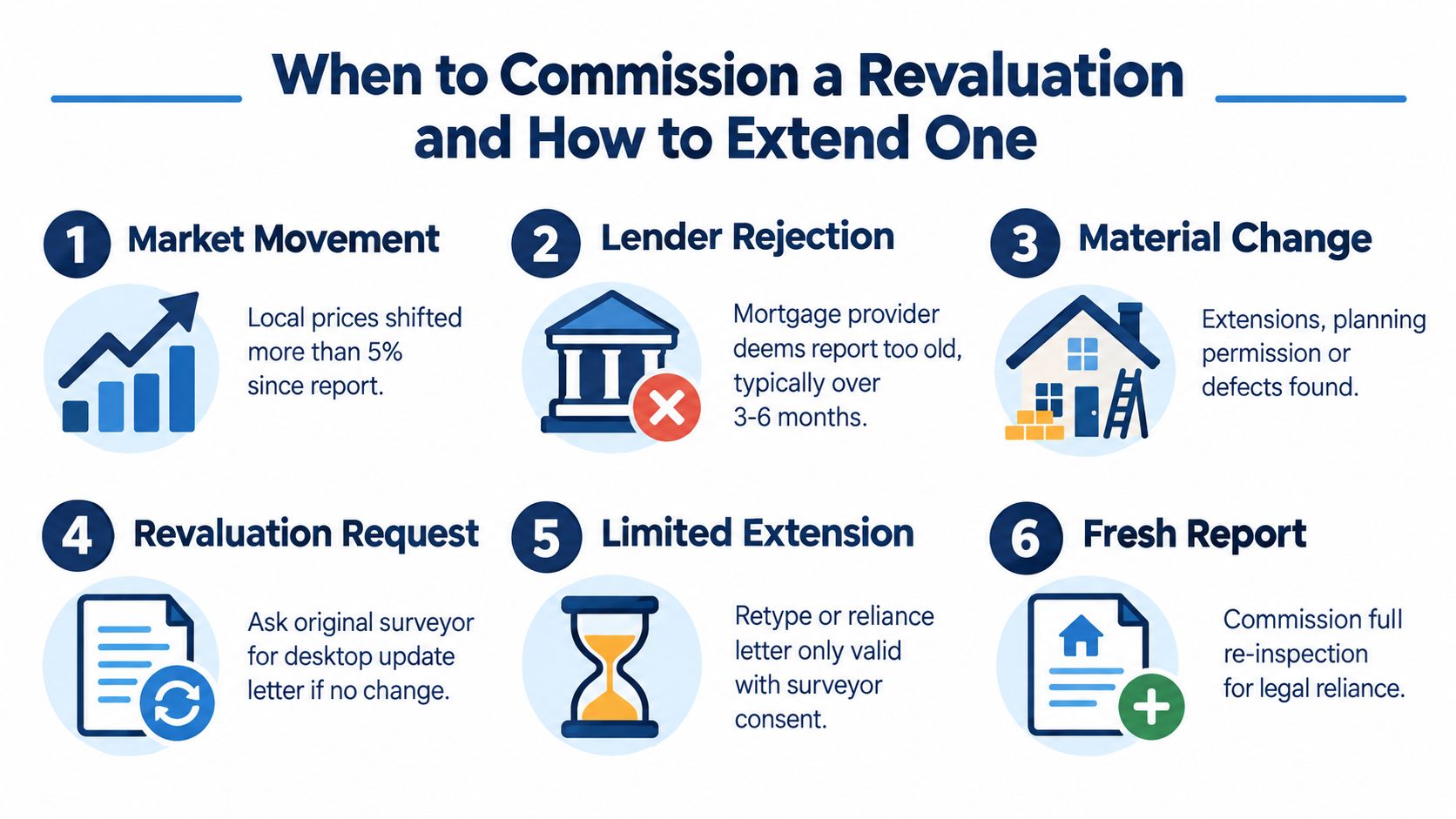 An infographic titled When to Commission a Revaluation listing six steps for property valuation processes.