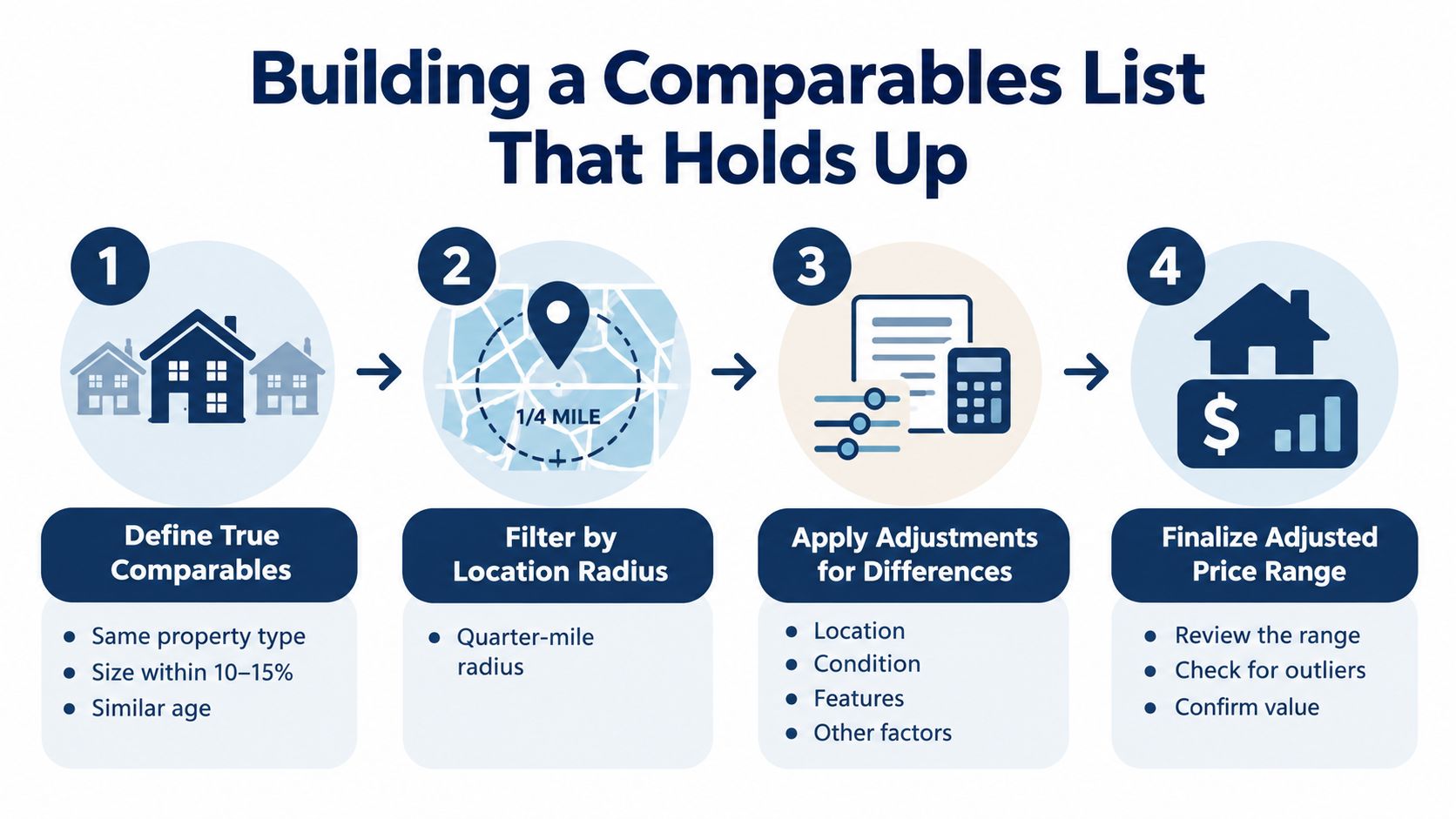 A four-step infographic illustrating how to create an accurate real estate comparables list for property valuation.