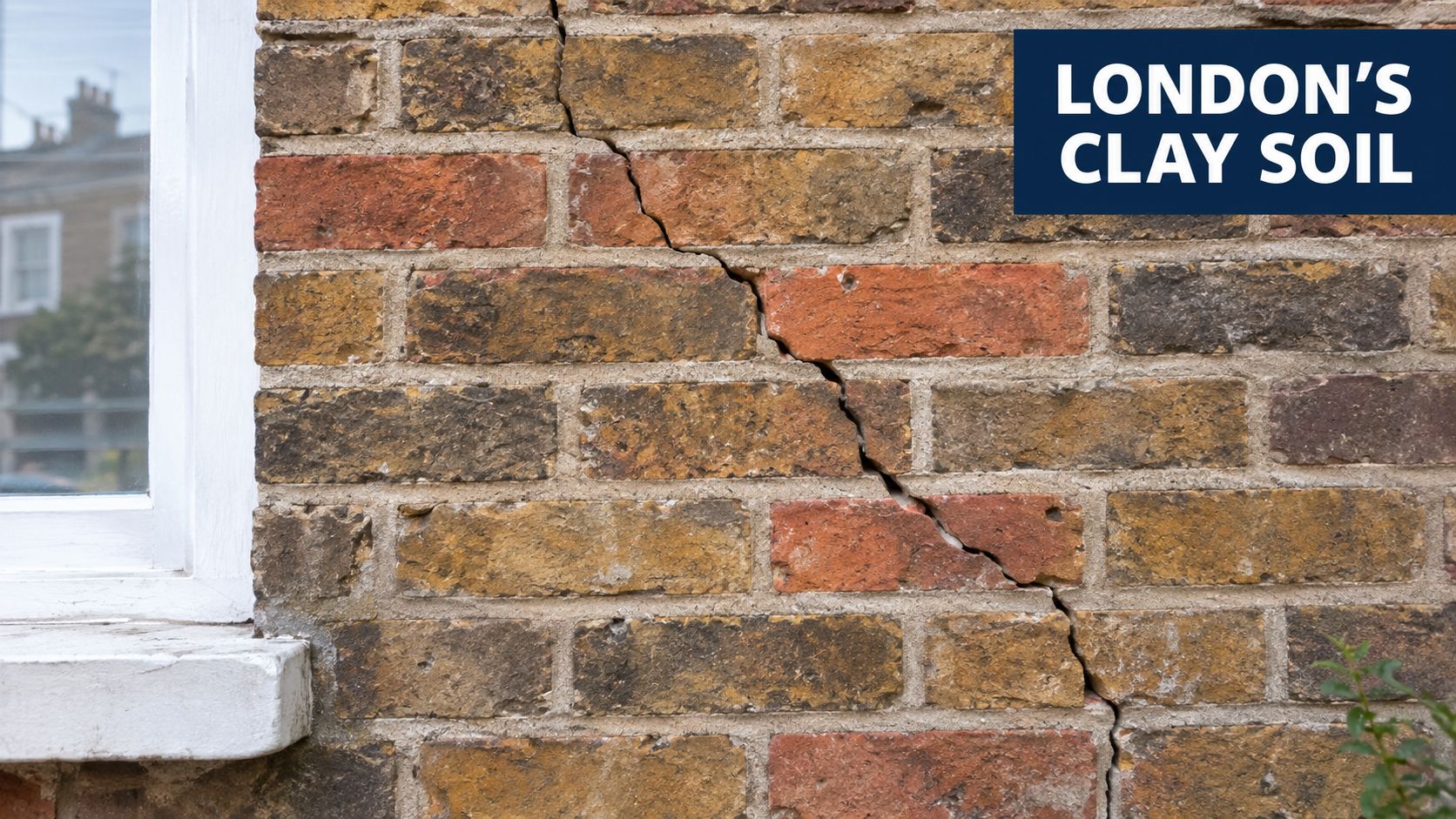 A close-up view of a deep structural crack running diagonally through an old red brick wall.