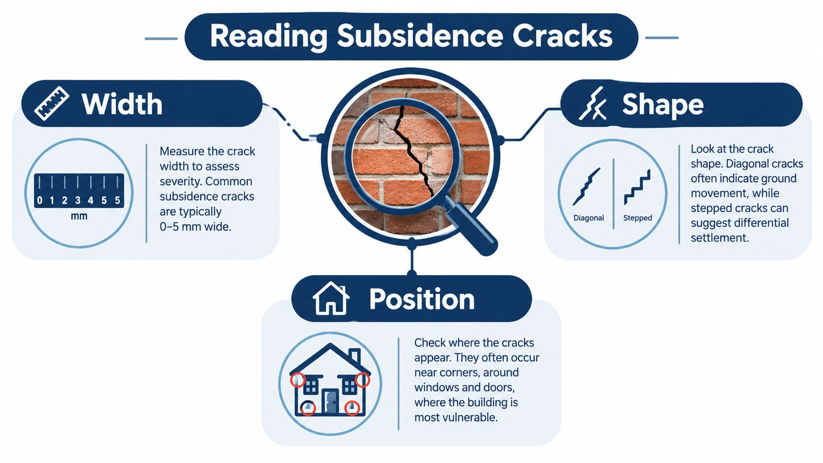 An infographic titled Reading Subsidence Cracks explaining how to evaluate crack width, shape, and position on buildings.