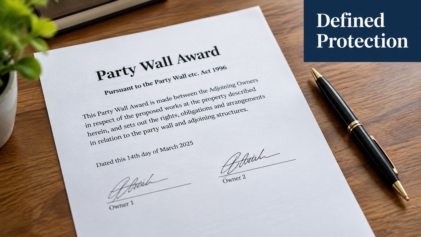 A formal Party Wall Award document on a wooden desk with a black fountain pen nearby.