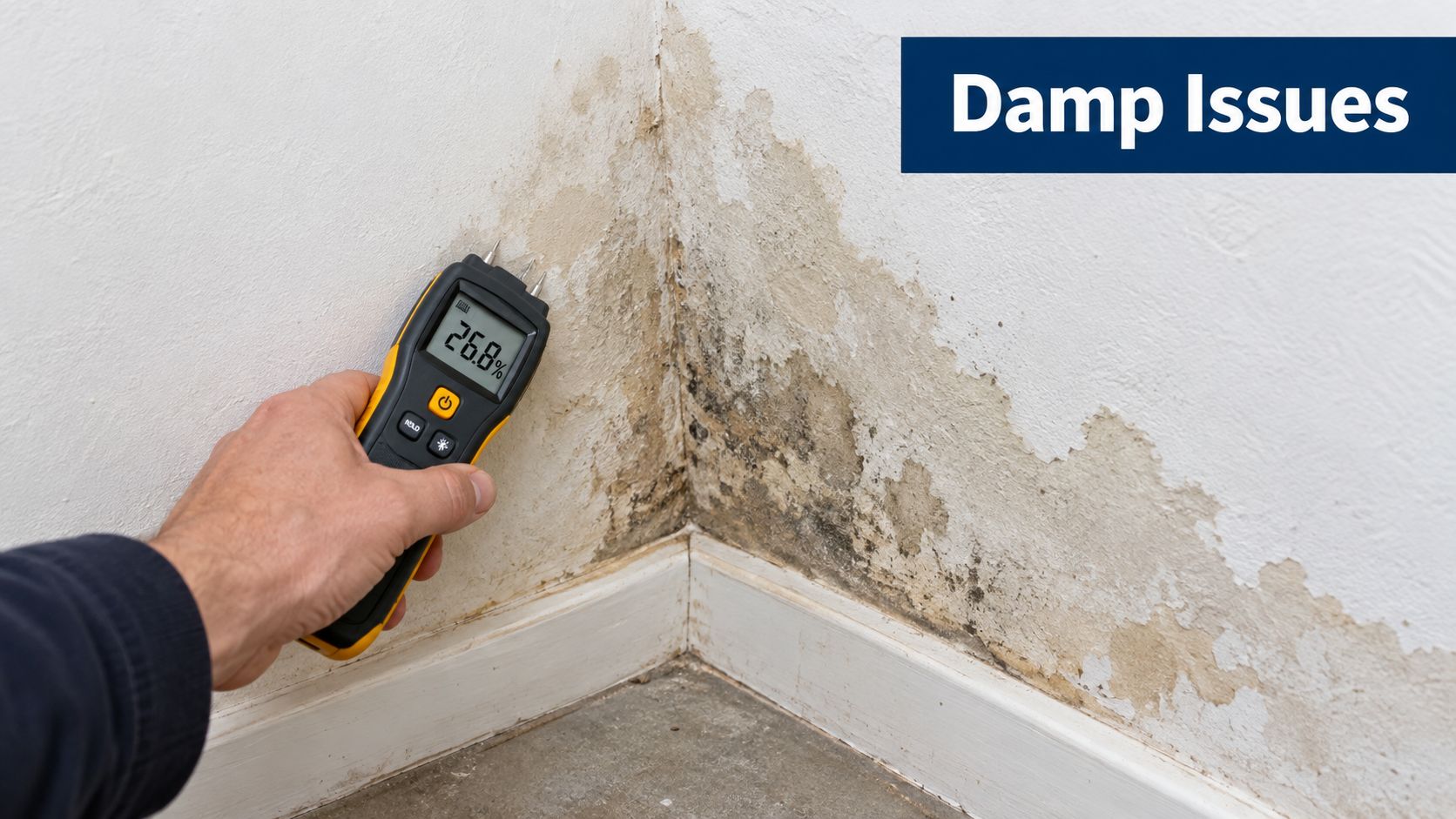 A hand using a digital moisture meter on a wall with dampness and visible mold damage.