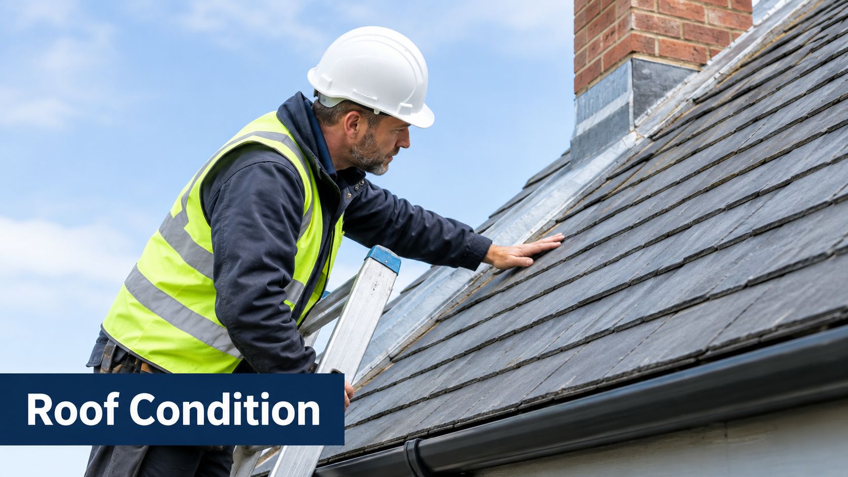 A professional construction surveyor in a hard hat and high visibility vest inspecting a slate roof.