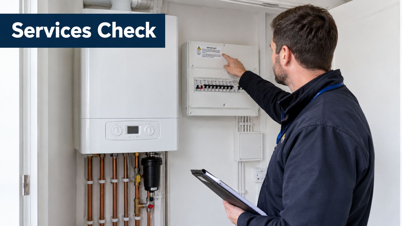 A professional electrician performing a services check on a home electrical fuse box and boiler unit.