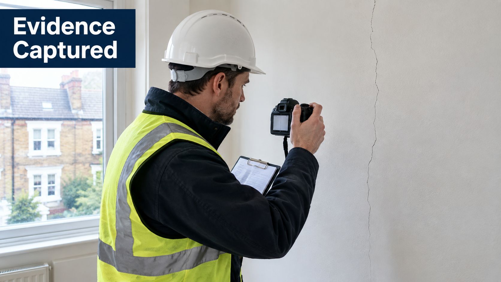 A professional building inspector wearing a hard hat and high-visibility vest taking photos of a wall crack.