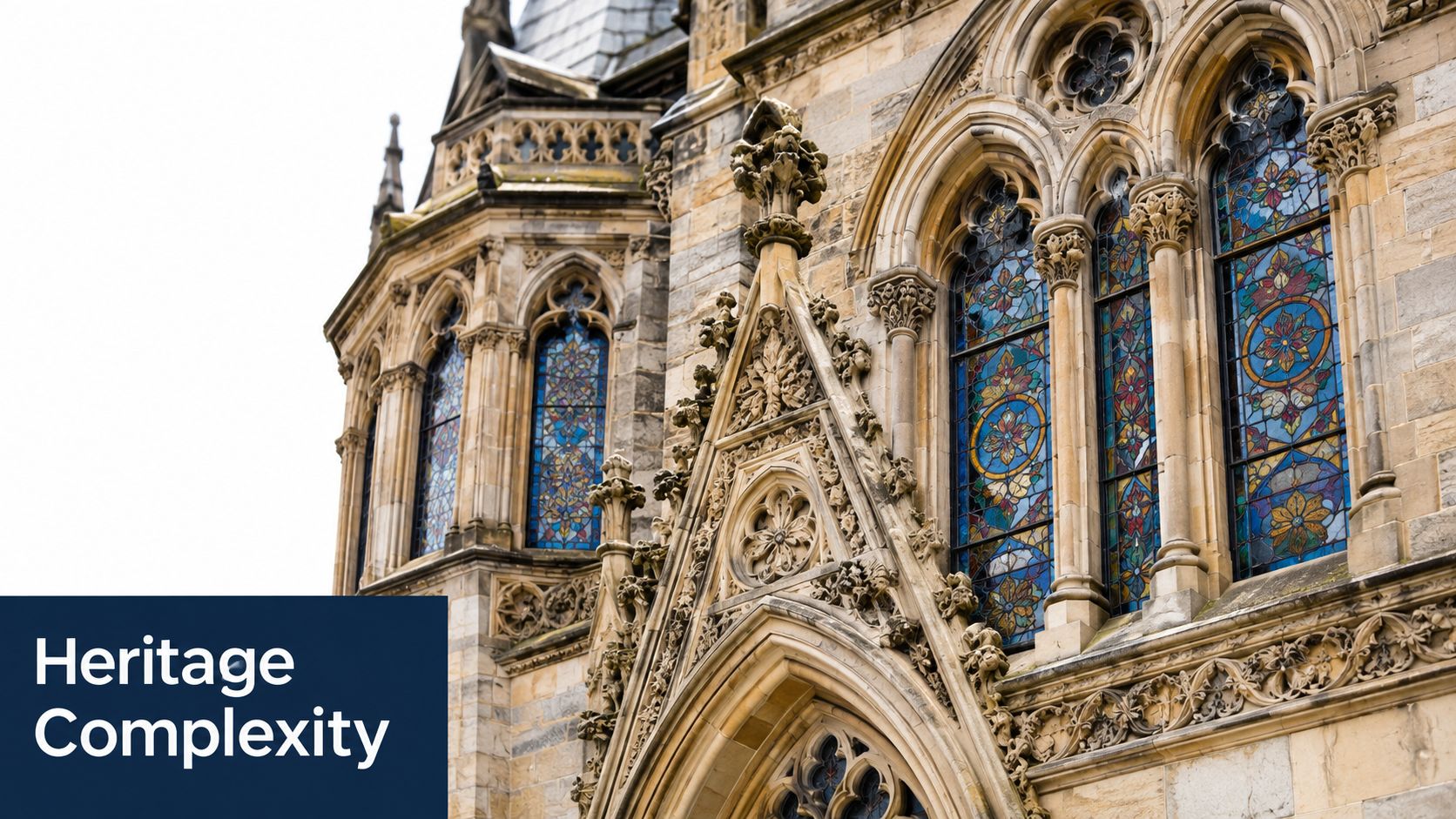 Low angle view of a historic Gothic revival stone building featuring intricate carvings and colorful stained glass windows.