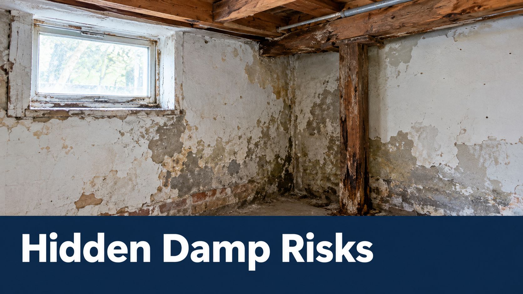 A damp, damaged basement corner with peeling paint on concrete walls and a decaying wooden support post.