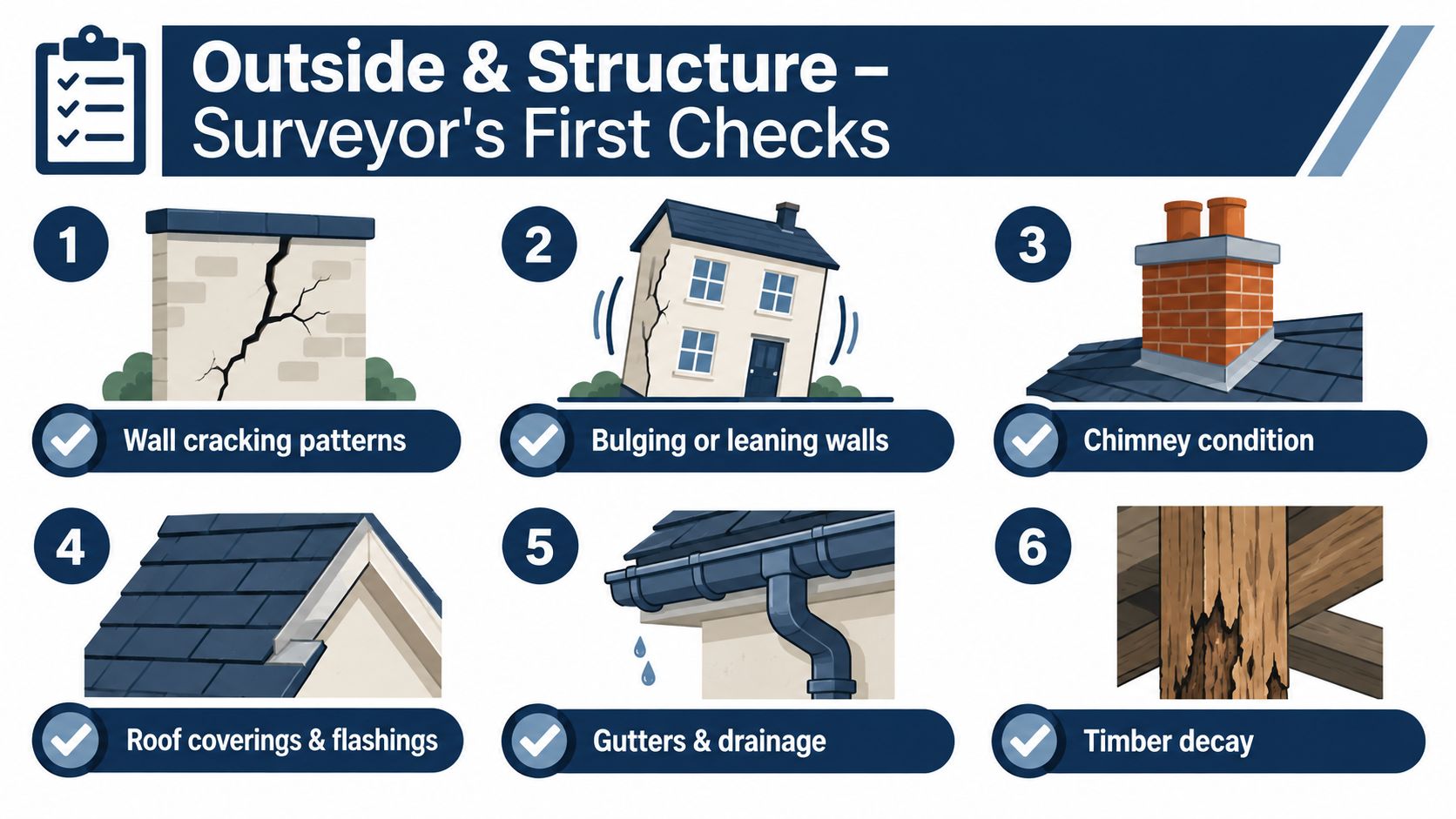 An infographic detailing six essential structural inspection points for surveyors, including wall cracks, chimney condition, and timber decay.