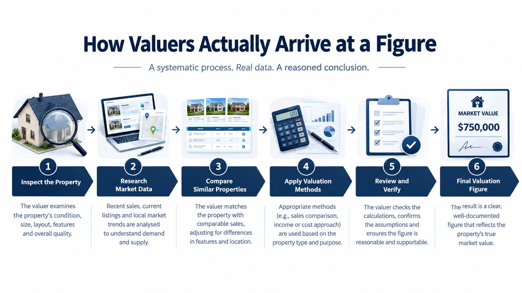 An infographic showing the six-step process professional valuers follow to determine a property's market value.