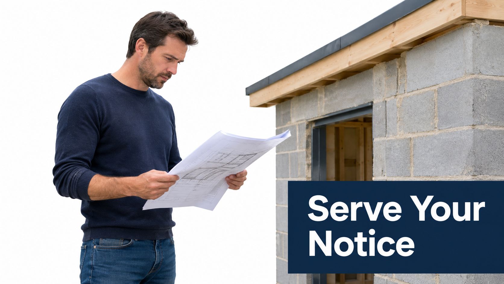 A man in a blue sweater reviewing building blueprints outdoors near a cinder block construction site.