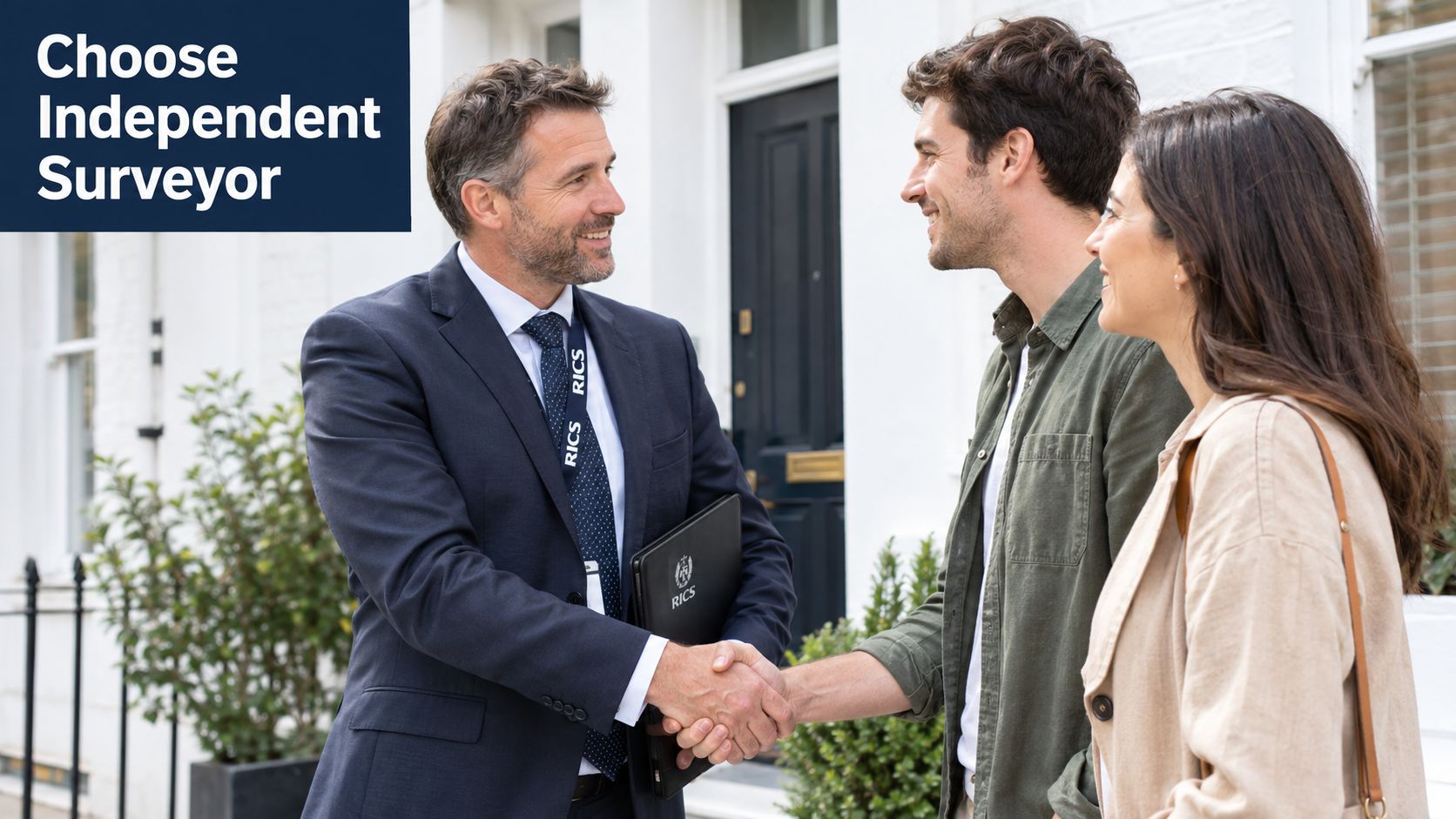 A professional RICS surveyor shakes hands with a couple in front of a house for property inspection.
