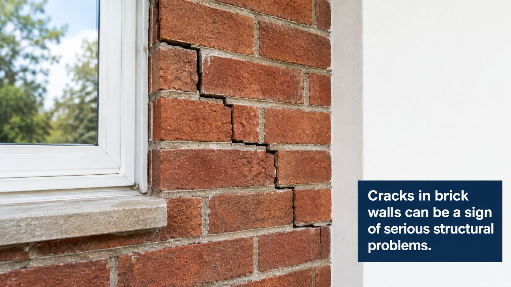 A close-up view of a cracked brick wall next to a window highlighting potential structural issues.
