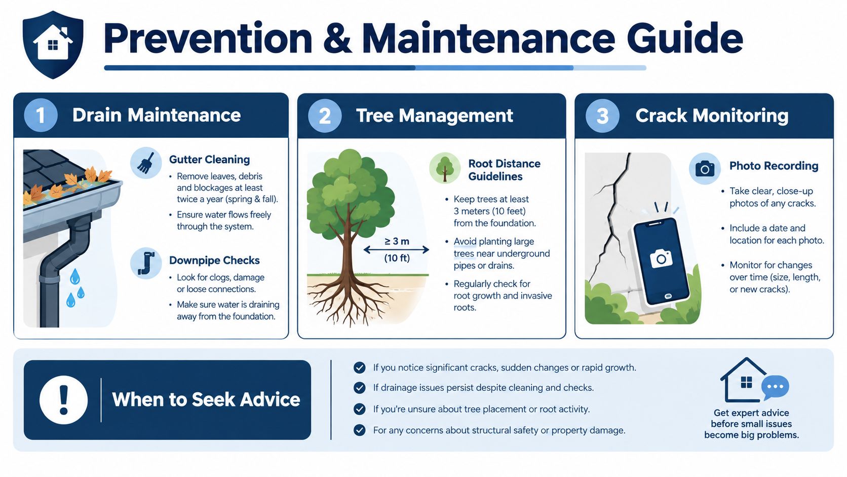 An infographic titled Prevention and Maintenance Guide detailing tips for drain care, tree management, and crack monitoring.