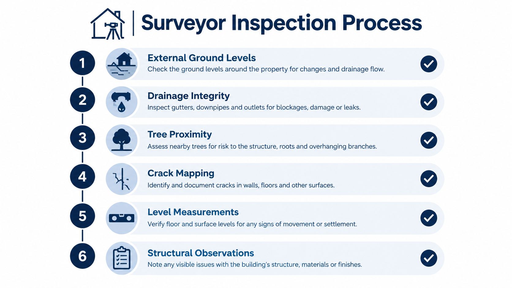 A six-step infographic detailing the professional surveyor inspection process for evaluating residential property structural integrity.