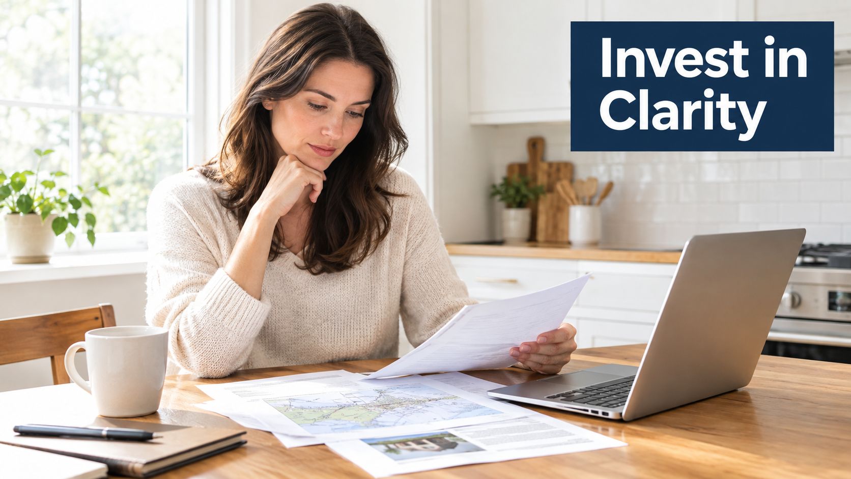 A woman sits at a wooden table reviewing home documents and a map on her laptop.