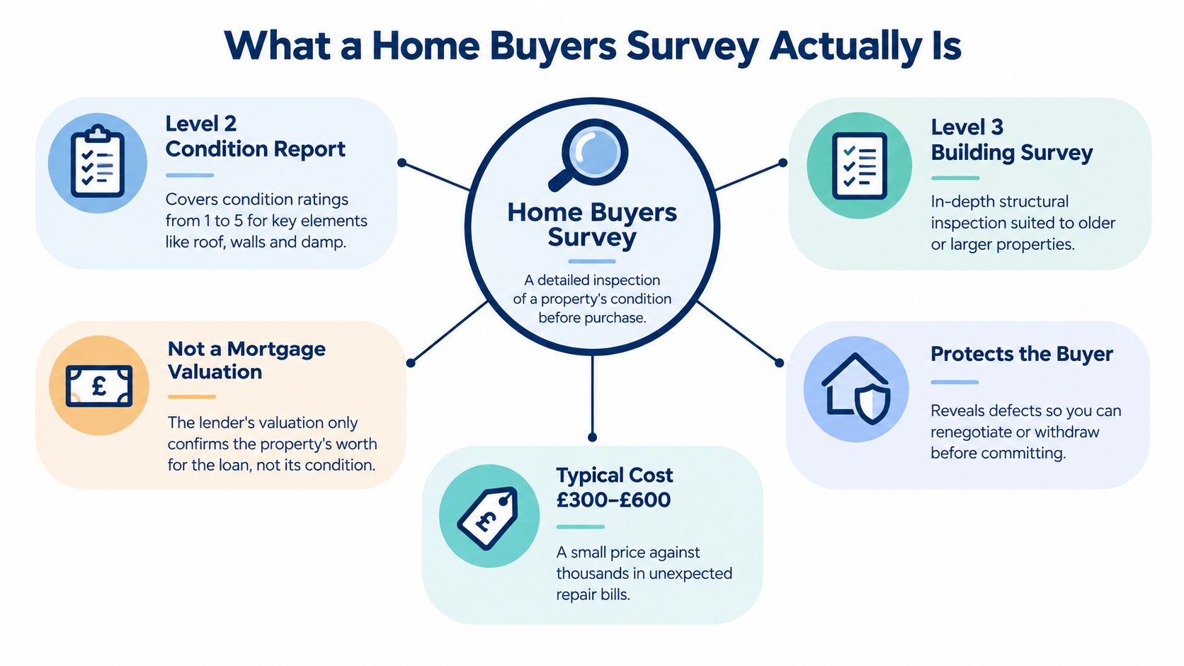 An infographic explaining the components and benefits of a home buyers survey for property purchasers.