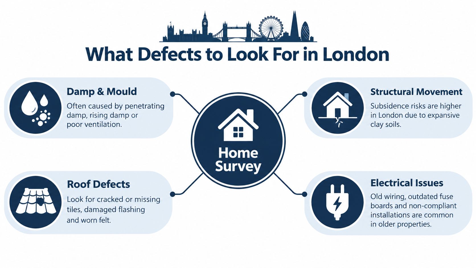 An infographic titled What Defects to Look For in London highlighting common home survey issues.