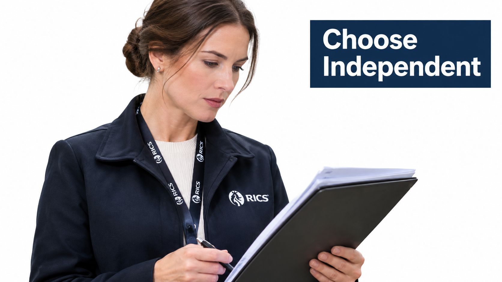 A professional RICS surveyor holding a clipboard and pen, reviewing property documents in a professional setting.