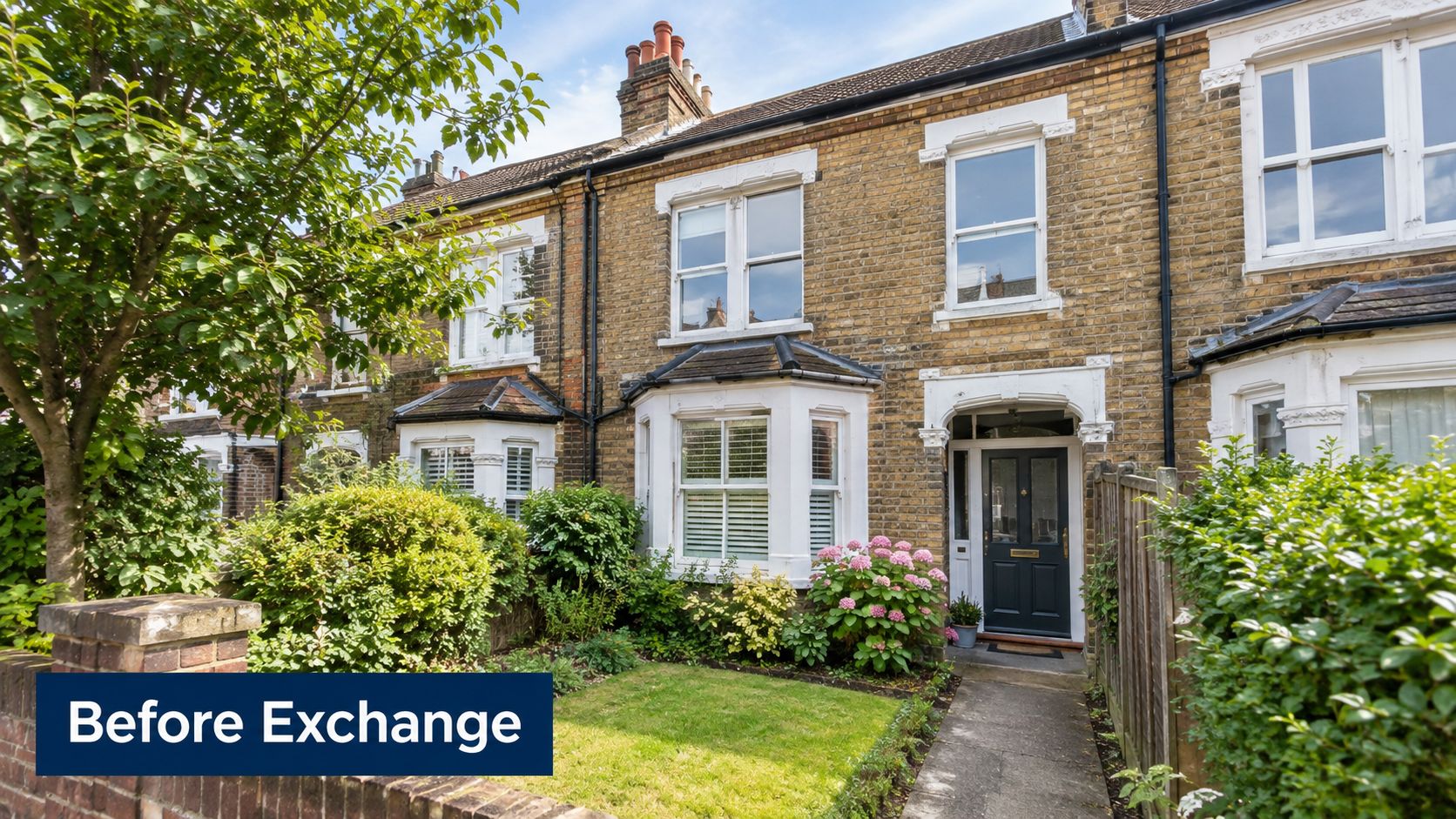 A classic yellow brick terraced house with a front garden and dark grey entrance door.