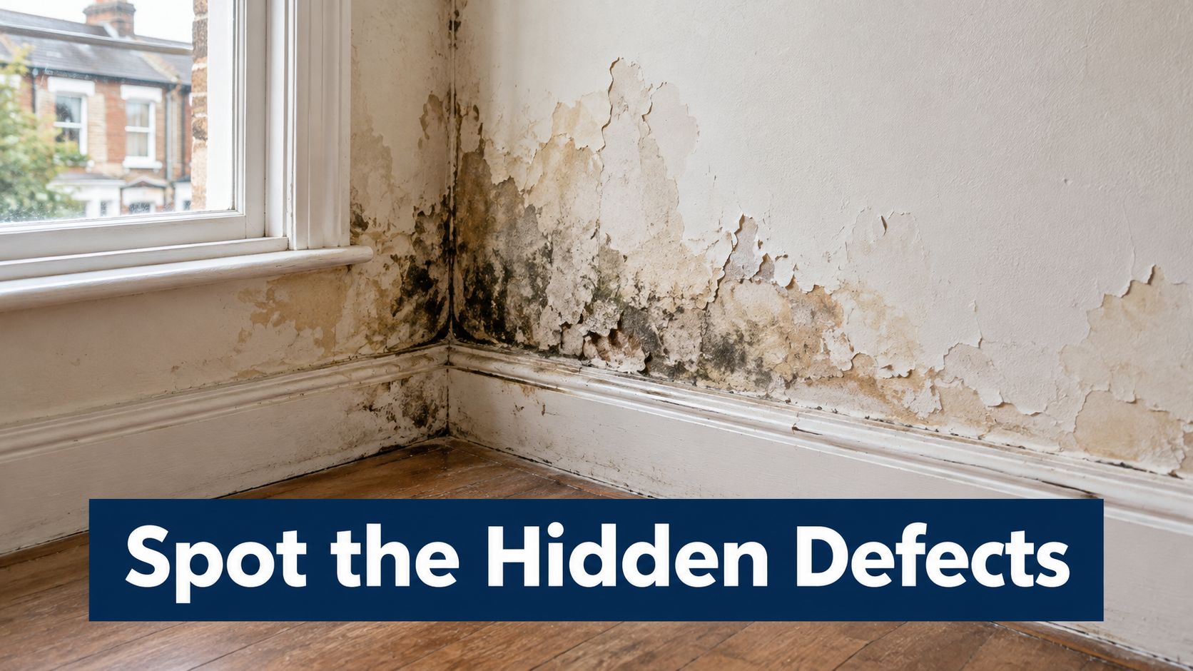 A corner of a room showing severe wall paint peeling and mold growth, indicating water damage.