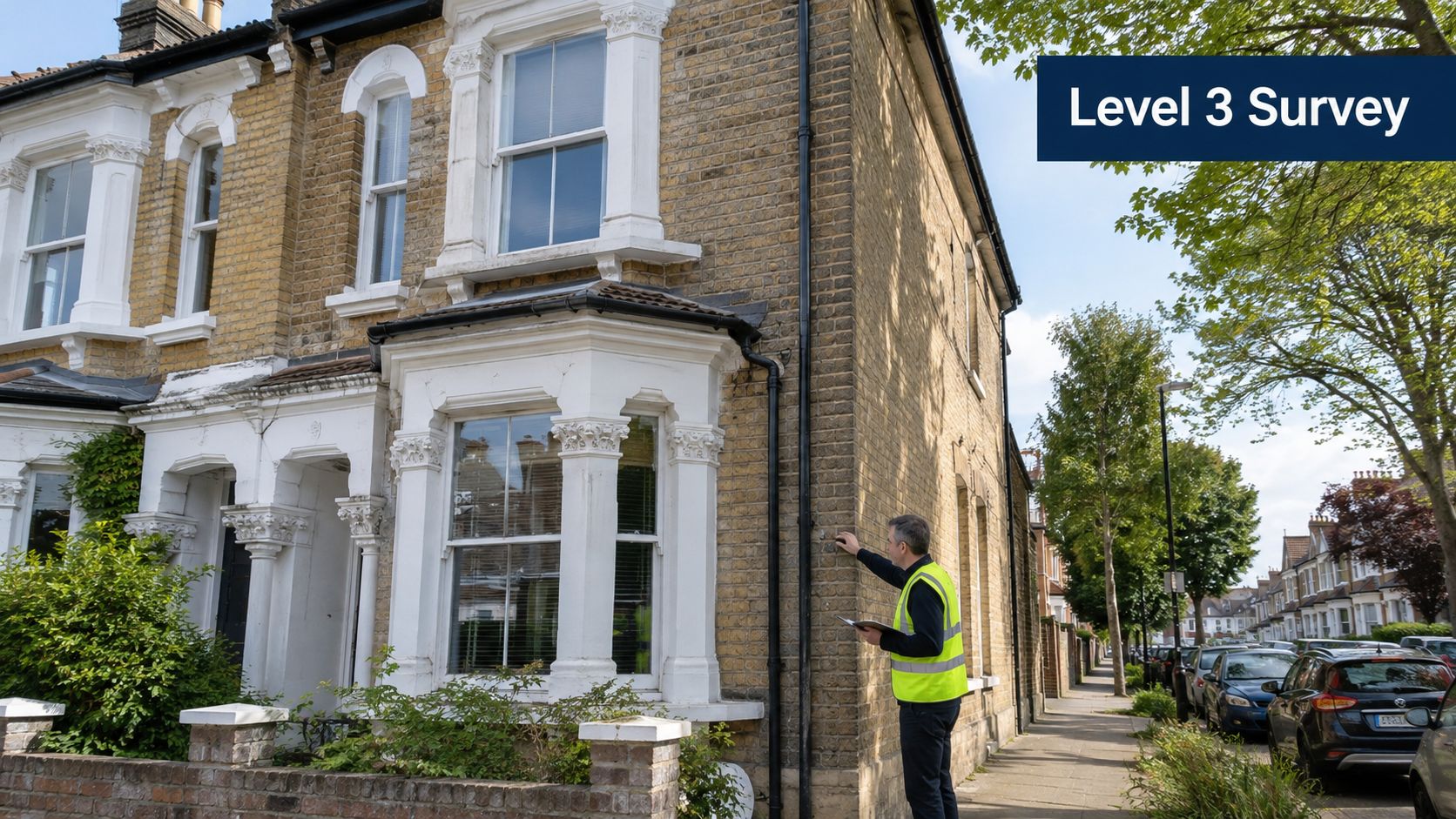 A surveyor in a high-visibility vest examining the brickwork of a historic residential building exterior.