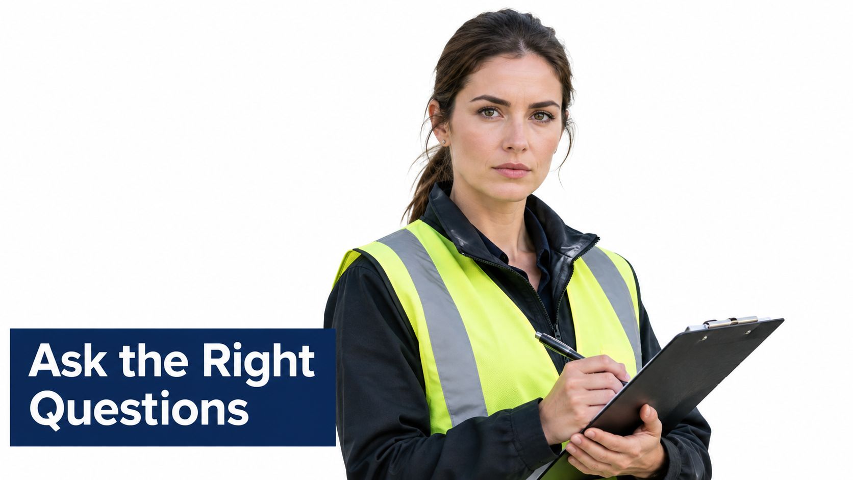 A professional building surveyor wearing a high-visibility vest takes notes on a clipboard while looking ahead.