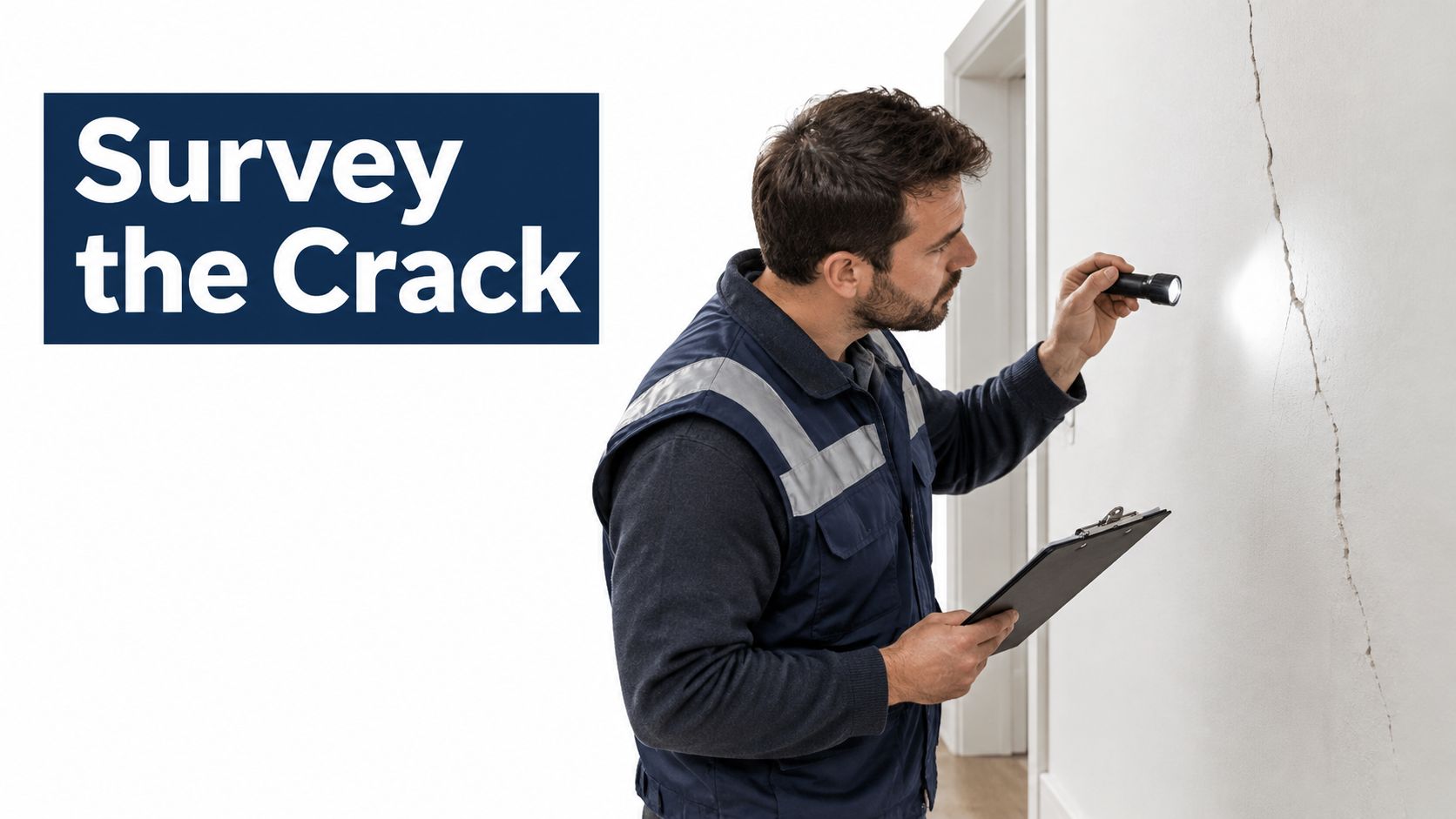 A professional building inspector in a work uniform uses a flashlight to examine a large internal wall crack.