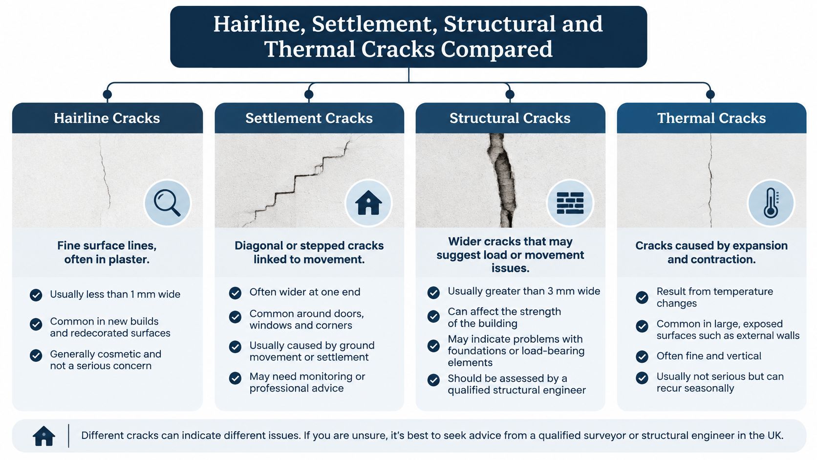 A comparison chart explaining the differences between hairline, settlement, structural, and thermal cracks in buildings.